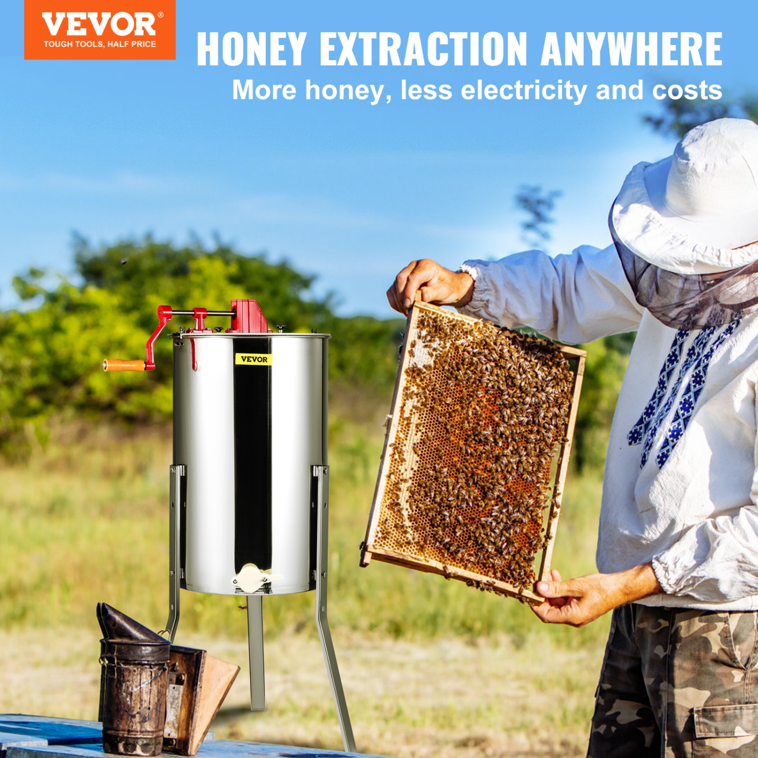 Extracteur de miel manuel VEVOR 3 Frames, extracteur rotatif Honey, extraction d'apiculture en acier inoxydable, tambour en nid d'abeille rotatif