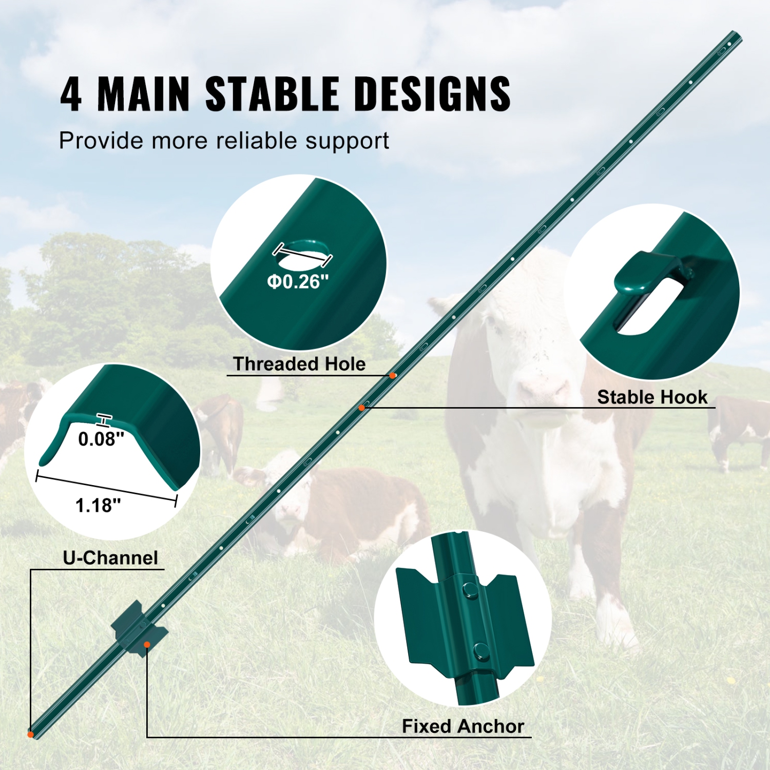 VEVOR 6 Feet Fence Post, 6 Pack U-Channel Heavy Duty Metal Fence Posts, Sturdy Steel Fence Stakes for Garden Yard, Lawn, Farms and Outdoor Wire