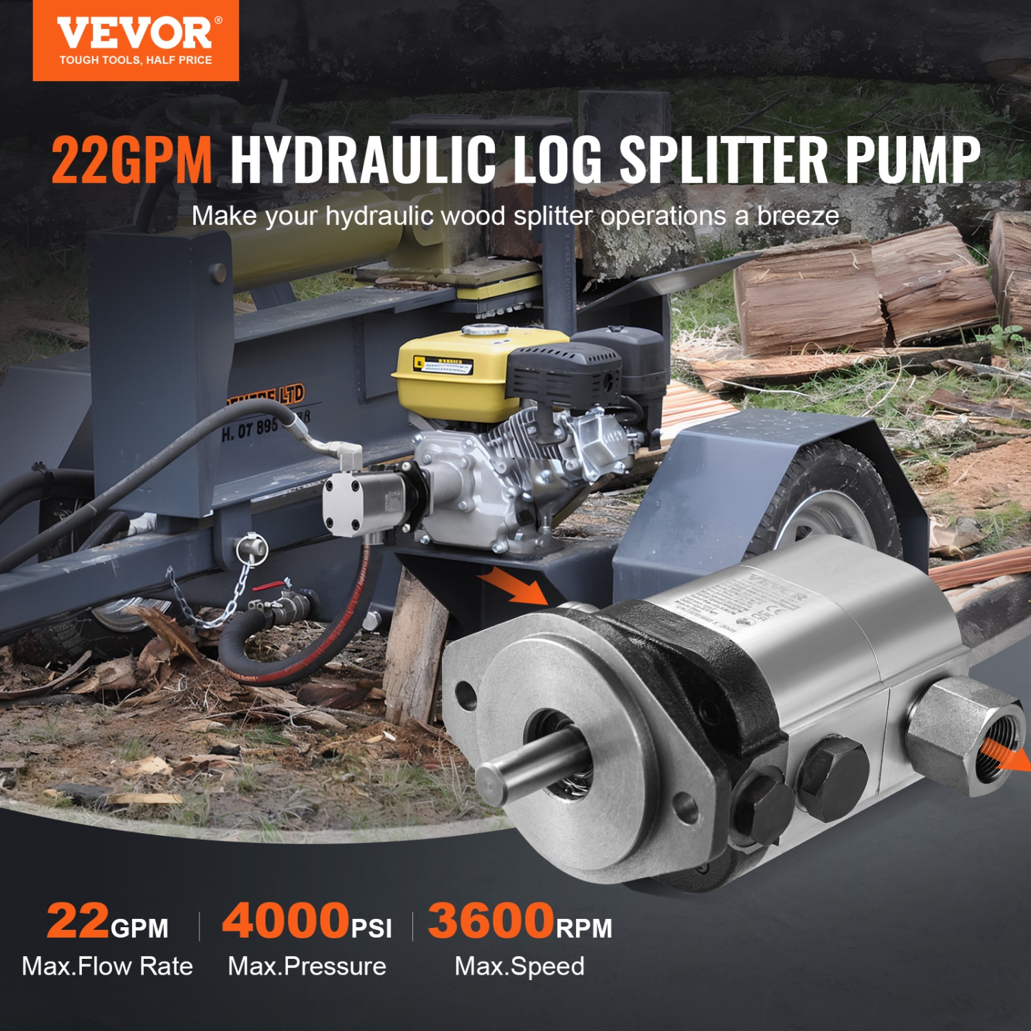 VEVOR 22GPM Hydraulic Wood Log Splitter Pump Kit, 2 Stage 4000PSI Aluminum Hydraulic Gear Pump, with Valve Coupling Installation Base 3/4'' NPT