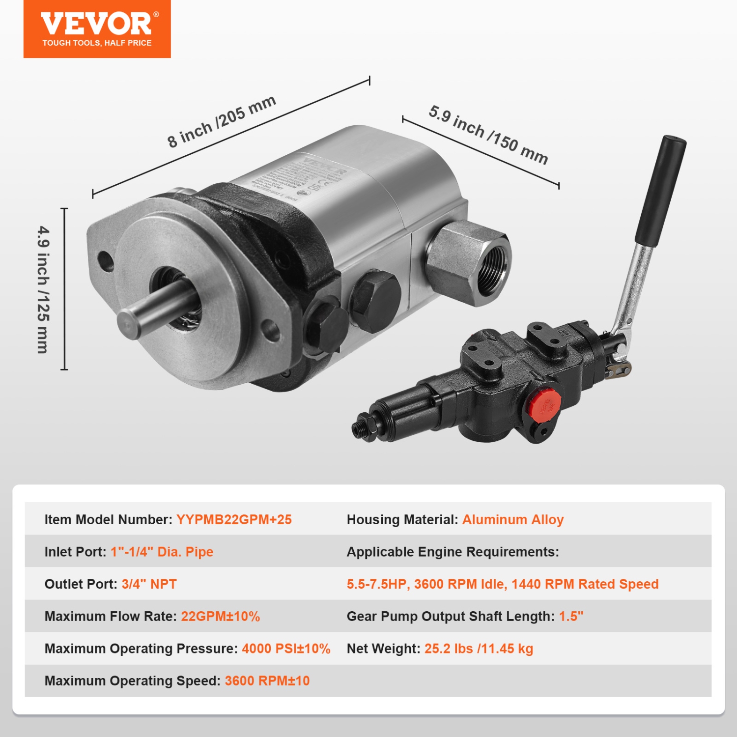 VEVOR 22GPM Hydraulic Wood Log Splitter Pump Kit, 2 Stage 4000PSI Aluminum Hydraulic Gear Pump, with Valve Coupling Installation Base 3/4'' NPT