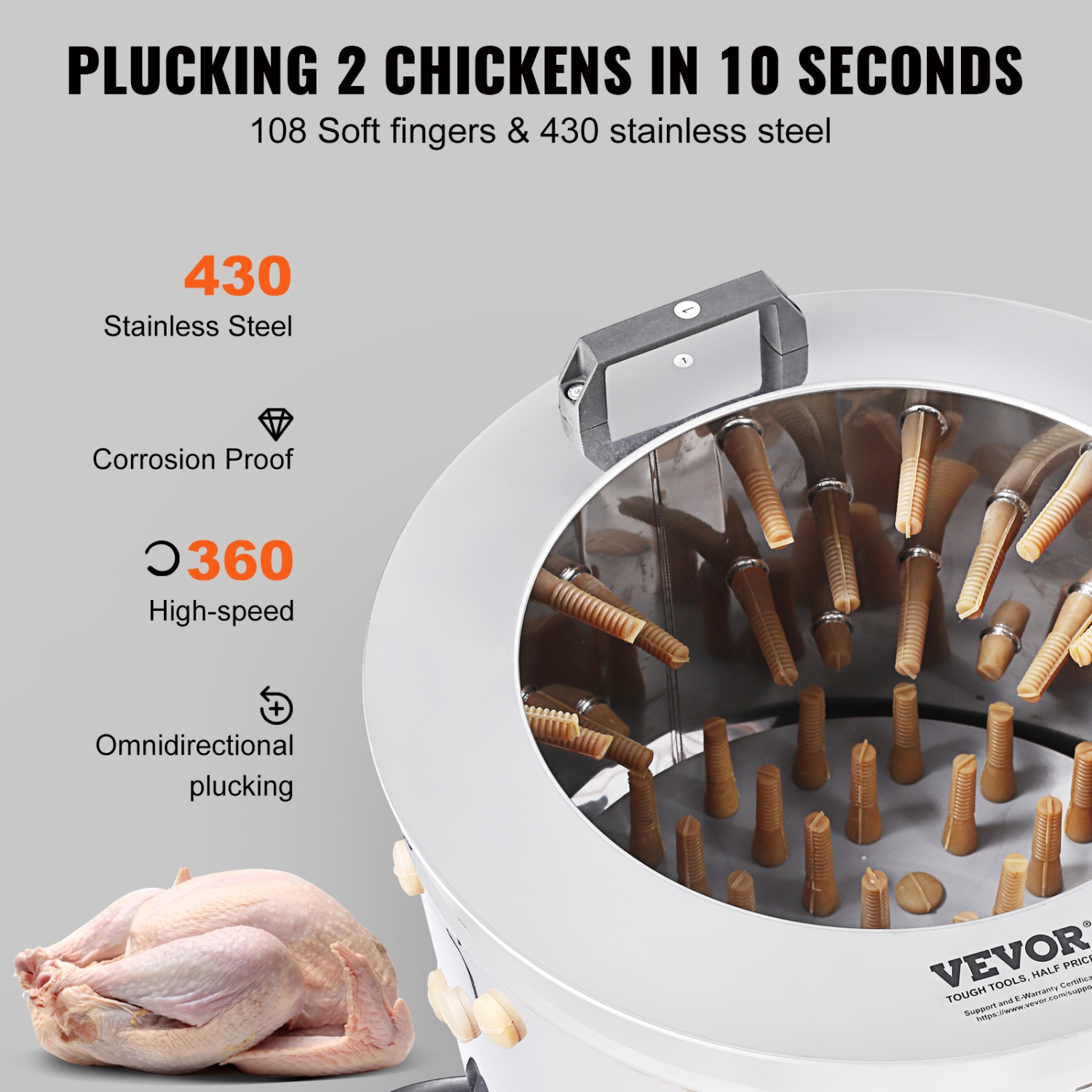 VEVOR 500W Chicken Plucker Machine, Feather Plucker with 20-inch Stainless Steel Drum, Defeathering Equipment with 108 Soft Fingers, Simple Debris
