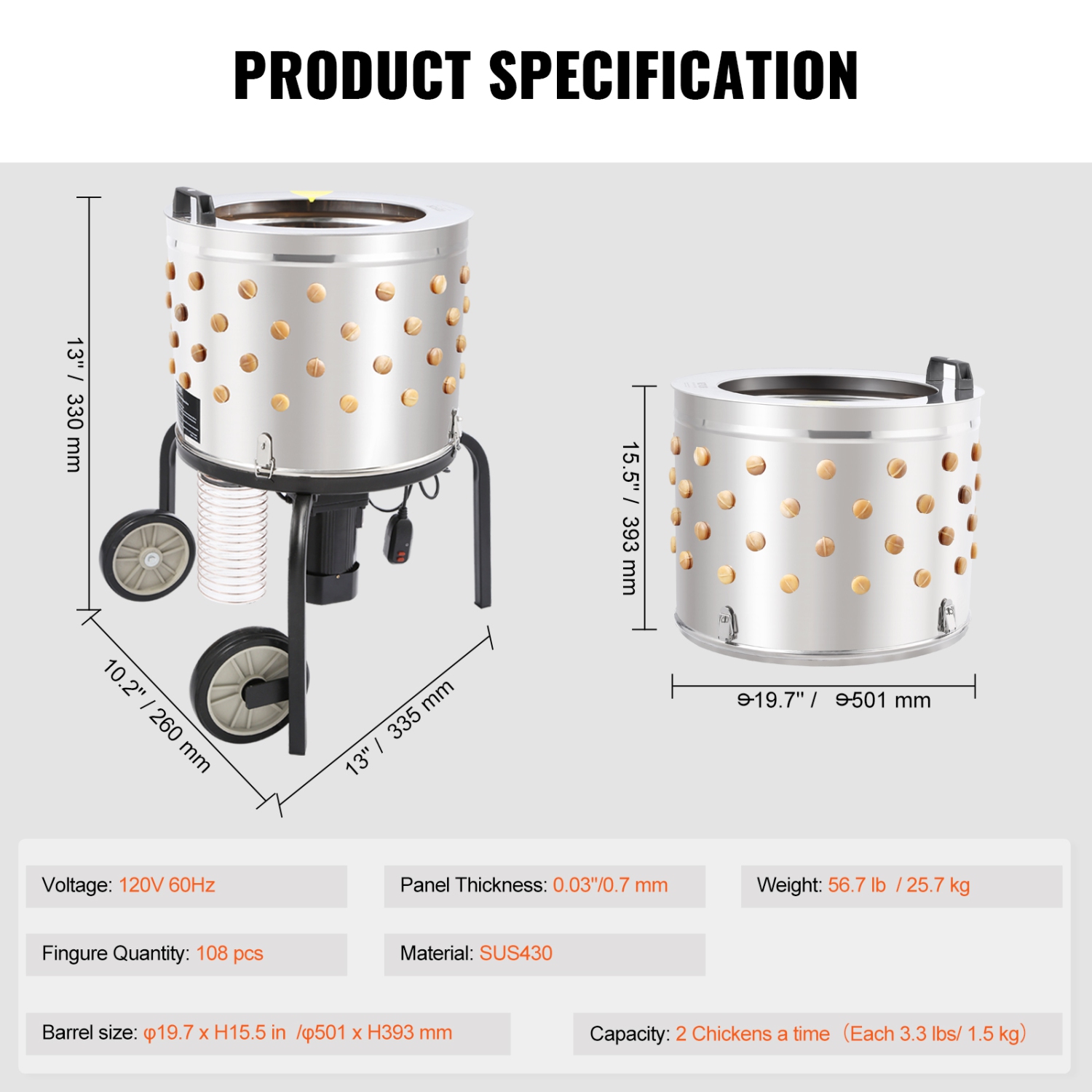 VEVOR 500W Chicken Plucker Machine, Feather Plucker with 20-inch Stainless Steel Drum, Defeathering Equipment with 108 Soft Fingers, Simple Debris