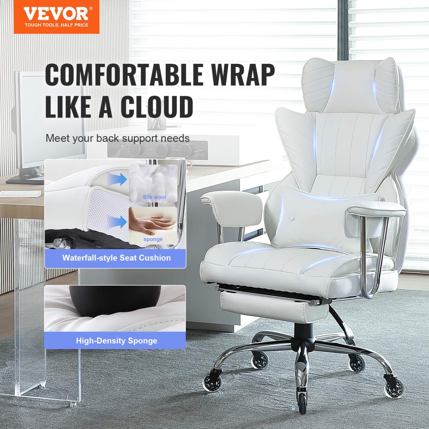 VEVOR Reclining Office Chair with Footrest,Heavy Duty PU Leather Wide Office Chair, Big and Tall Executive Office Chairs with Lumbar Support, Strong