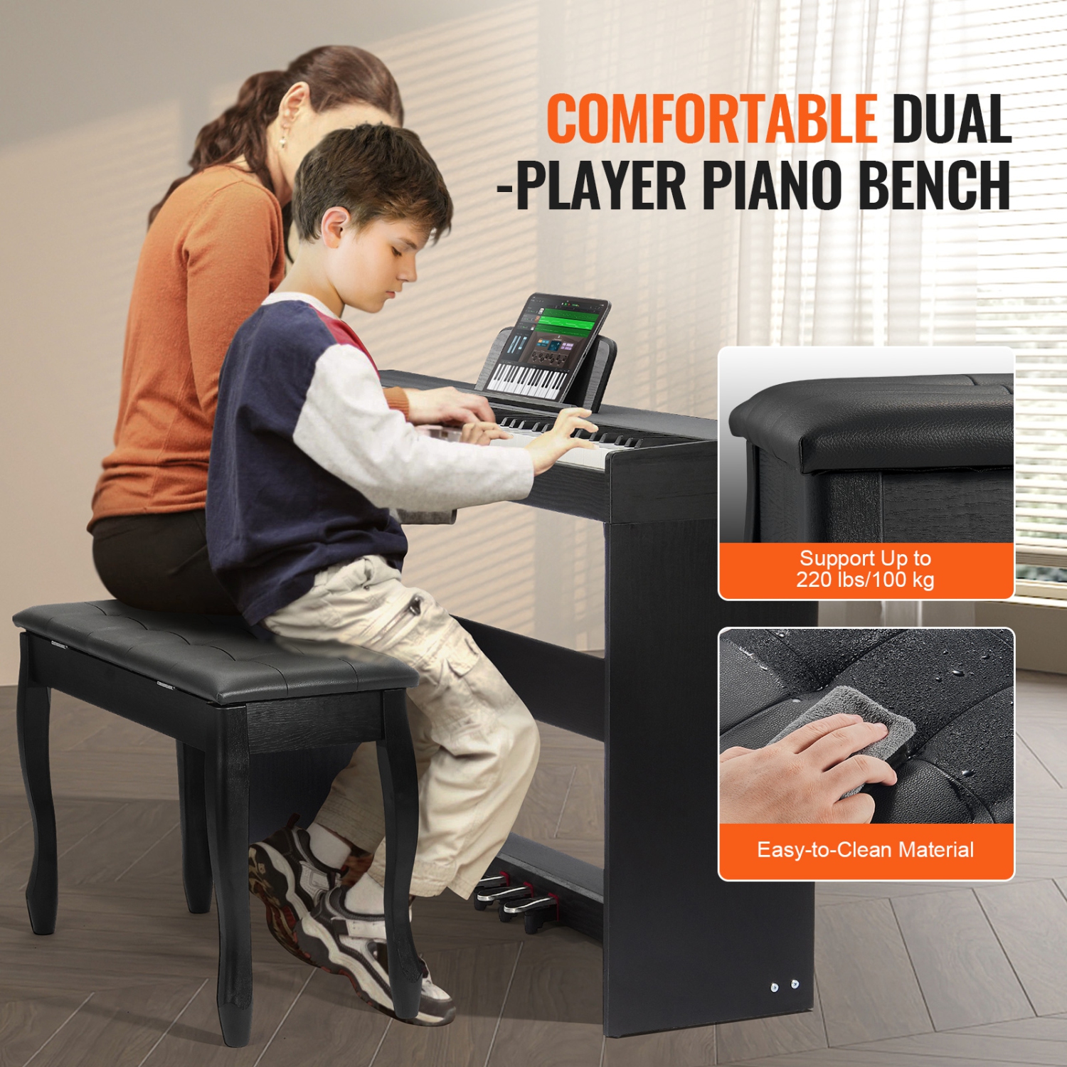 VEVOR 88 Key Weighted Digital Piano, Fully Weighted Keys, Dual Keyboard & Speakers Simple Cabinet Bracket with Twin Bench Headphone 200 Tones &