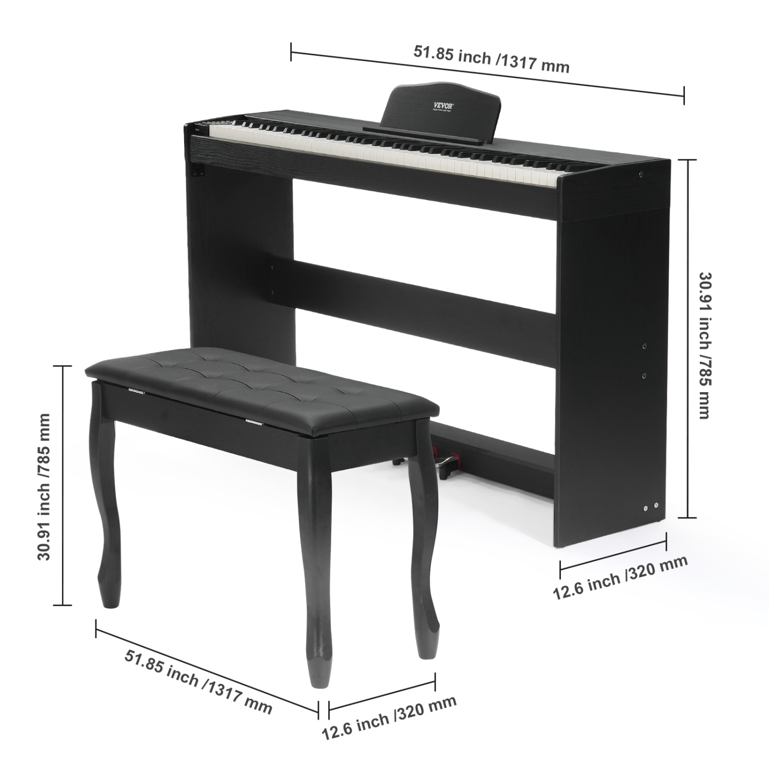 VEVOR 88 Key Weighted Digital Piano, Fully Weighted Keys, Dual Keyboard & Speakers Simple Cabinet Bracket with Twin Bench Headphone 200 Tones &