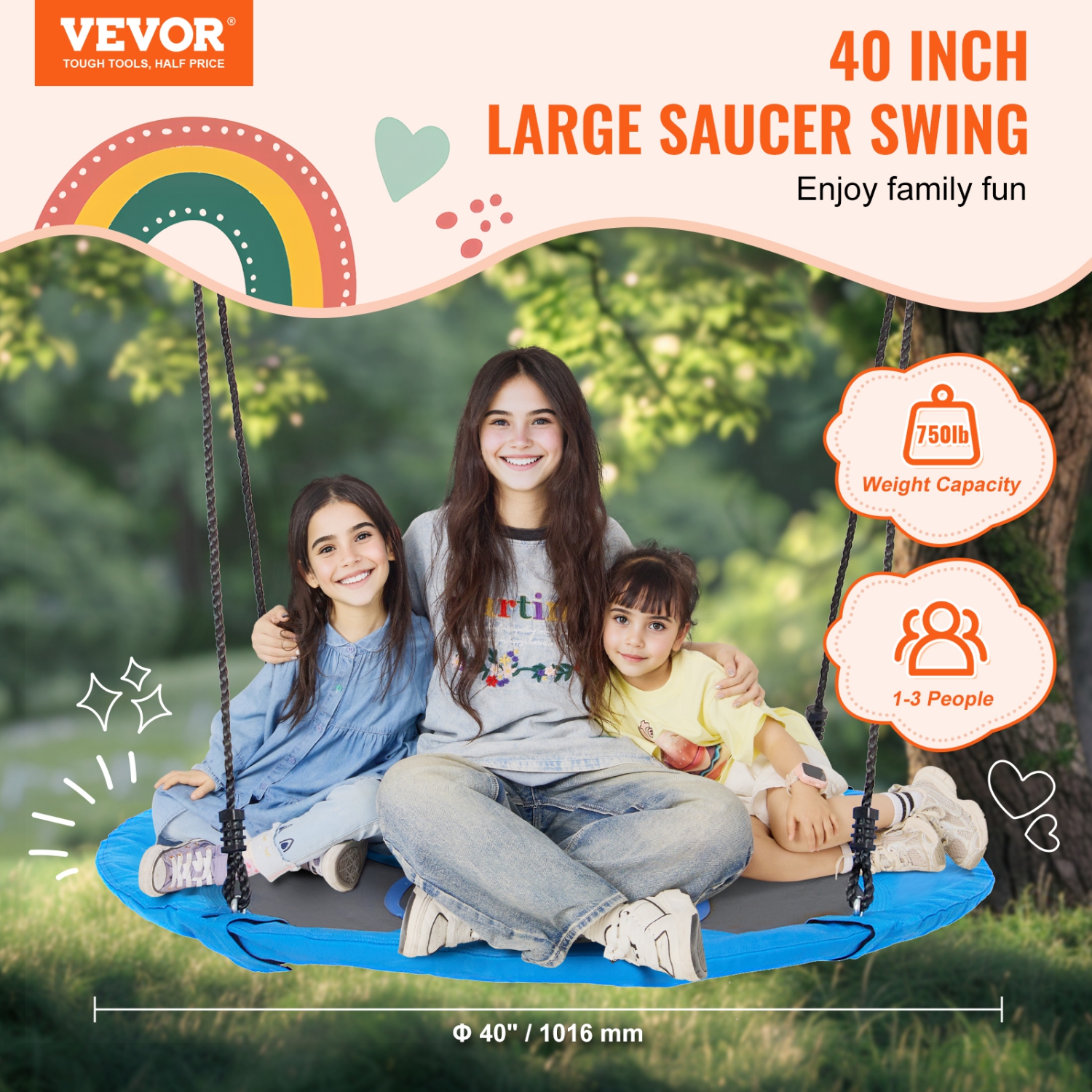 VEVOR 40 Inch Tree Swing,Saucer Swing, 750lbs Weight Capacity, 900D Oxford Fabric Swing Seat with 2 Tree Hanging Straps and Adjustable Multi-Strand