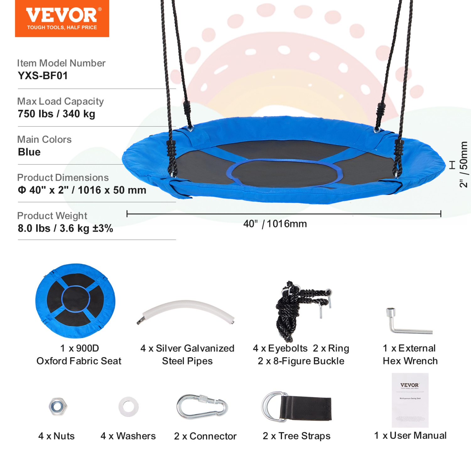 VEVOR 40 Inch Tree Swing,Saucer Swing, 750lbs Weight Capacity, 900D Oxford Fabric Swing Seat with 2 Tree Hanging Straps and Adjustable Multi-Strand