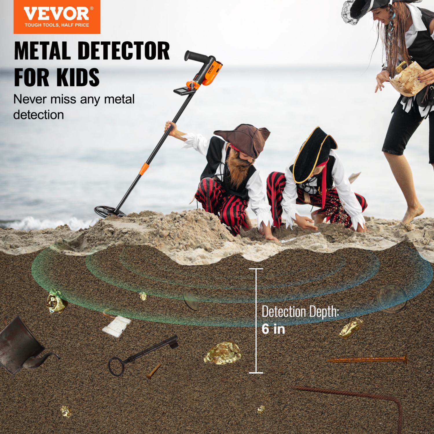 VEVOR 6 Inch Metal Detector for Kids, 25''-37'' Adjustable Gold Detector, IP68 Waterproof Search Coil with LCD Display DSP Chip, for Junior & Youth