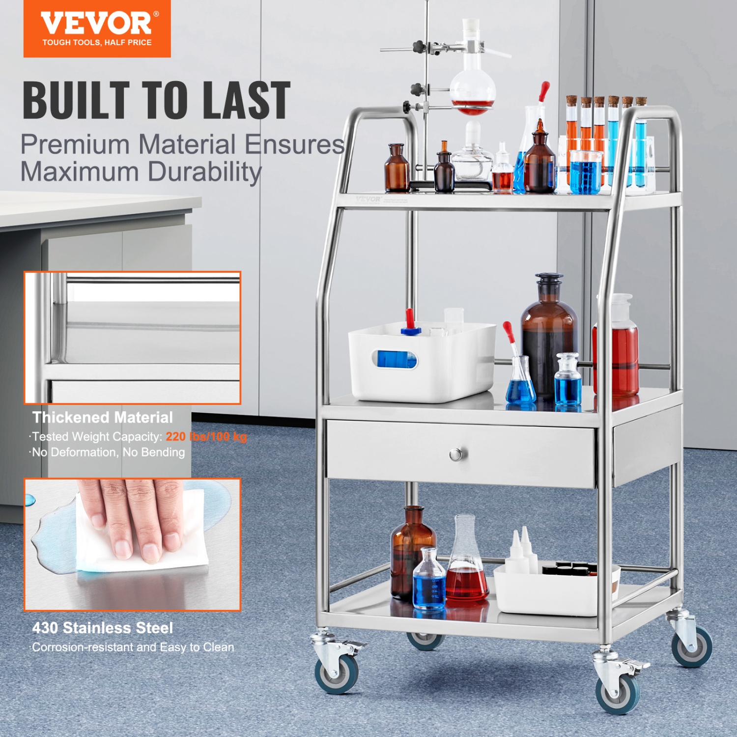 VEVOR 3 Layers Lab Serving Cart, Stainless Steel Utility Rolling Cart, Medical Cart with A Drawer, Dental Utility Cart with Lockable Wheels, for