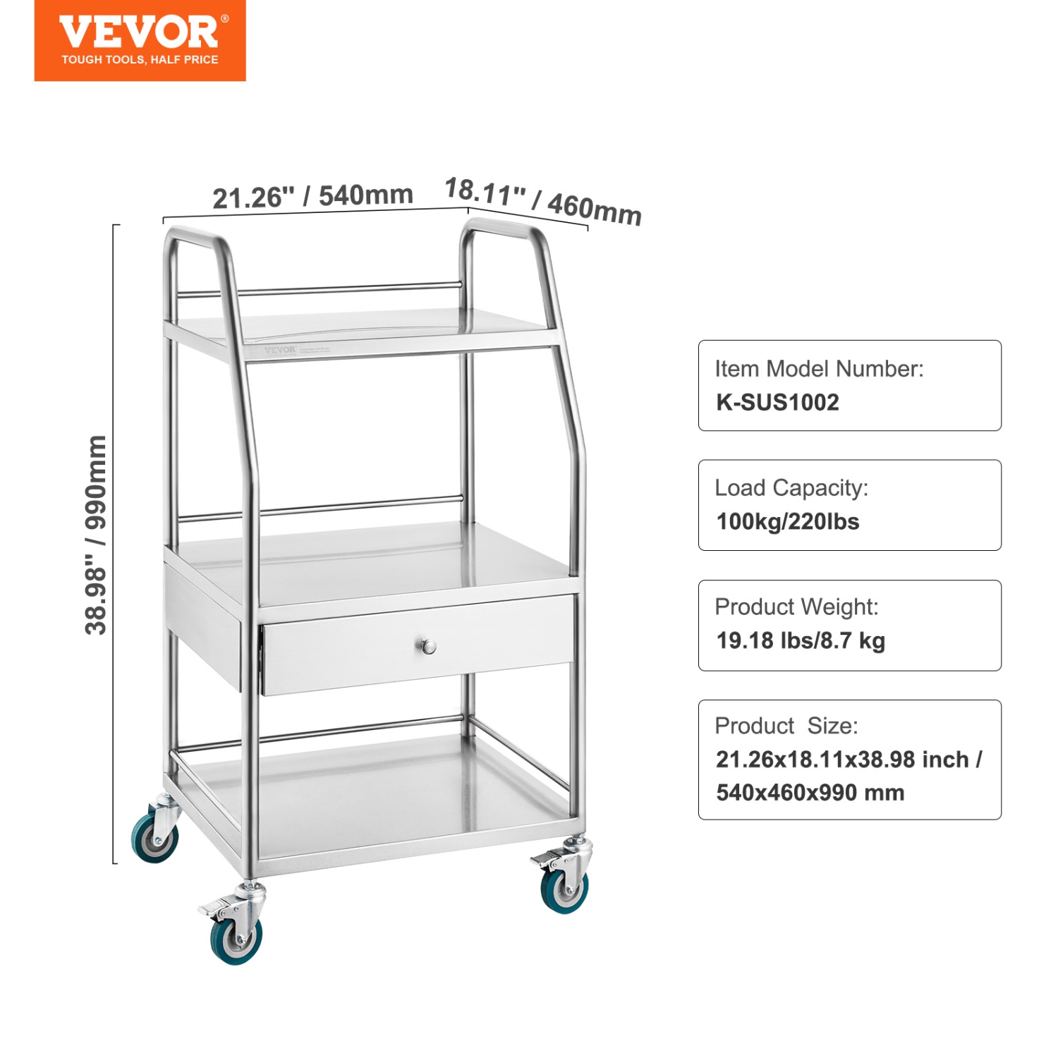 VEVOR 3 Layers Lab Serving Cart, Stainless Steel Utility Rolling Cart, Medical Cart with A Drawer, Dental Utility Cart with Lockable Wheels, for