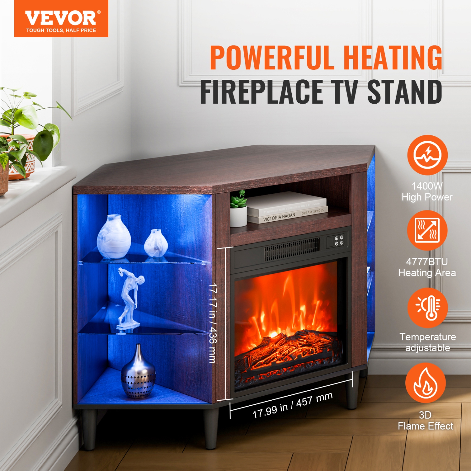 VEVOR 50" Electric Fireplace TV Stand, Corner TV Stand for TVs, Corner Console with 18" Fireplace, Vintage Design, 20 LED Lights, Remote Control &