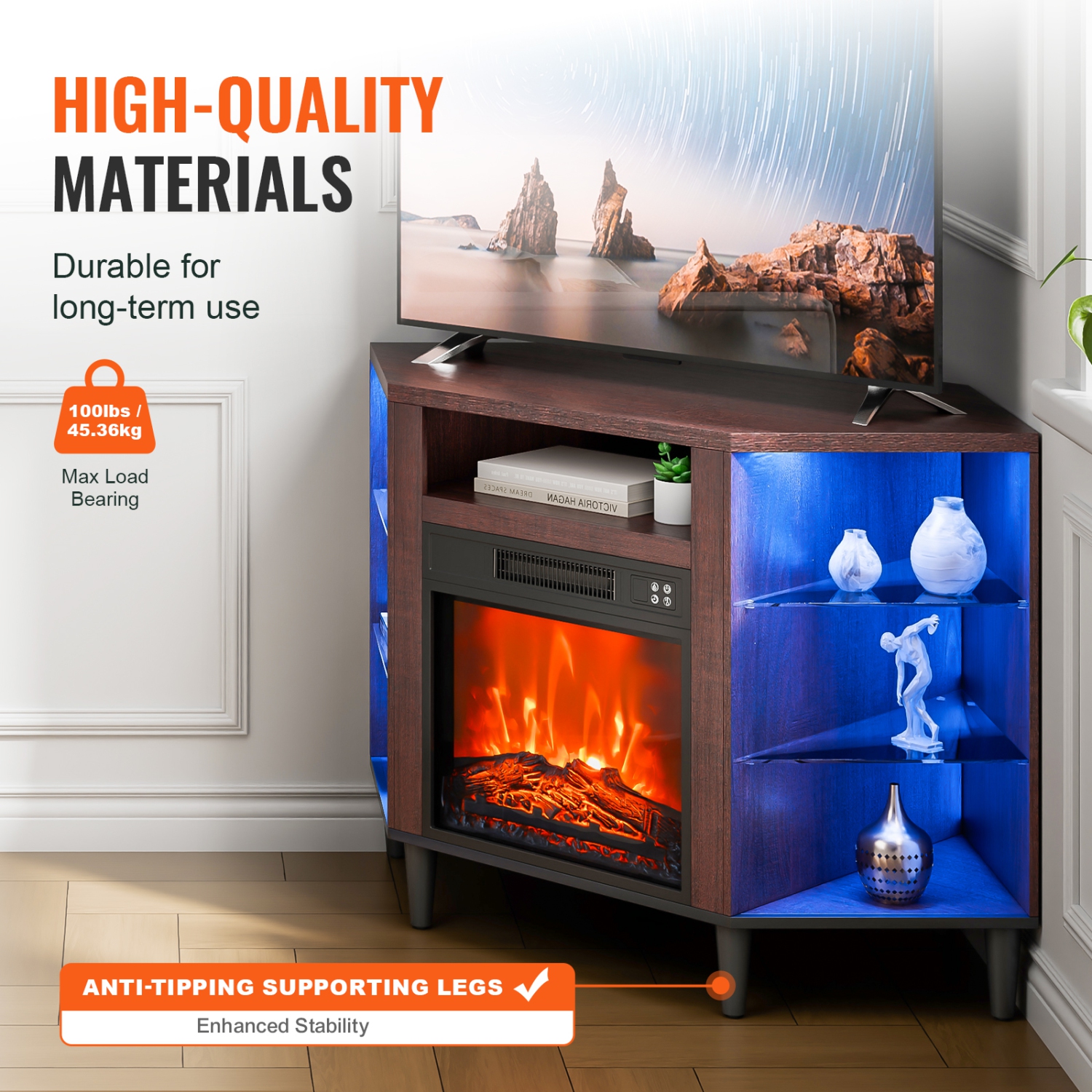 VEVOR 50" Electric Fireplace TV Stand, Corner TV Stand for TVs, Corner Console with 18" Fireplace, Vintage Design, 20 LED Lights, Remote Control &