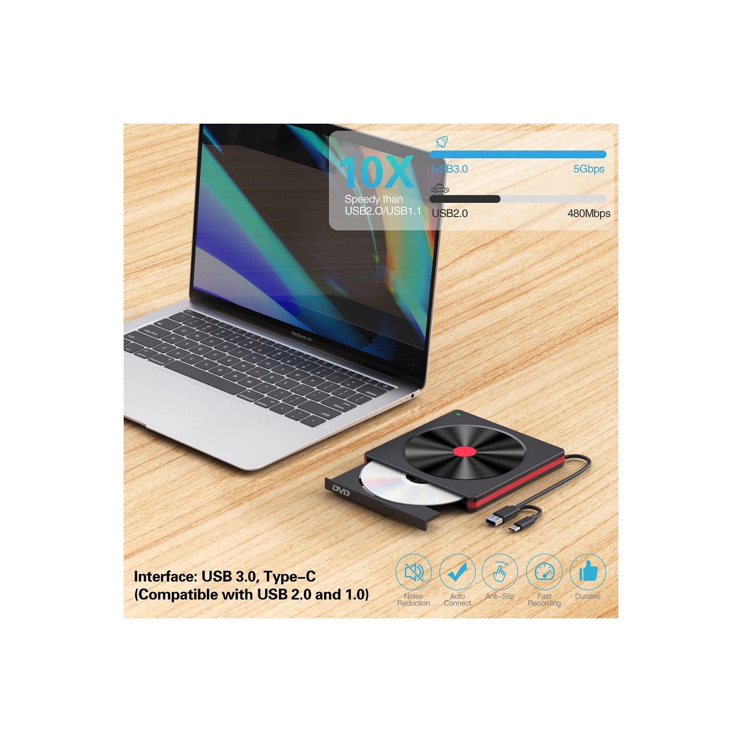 Lecteur CD/DVD externe pour ordinateur portatif USB 3,0 Graveur CD DVD externe DVD Lecteur CD Lecteur DVD