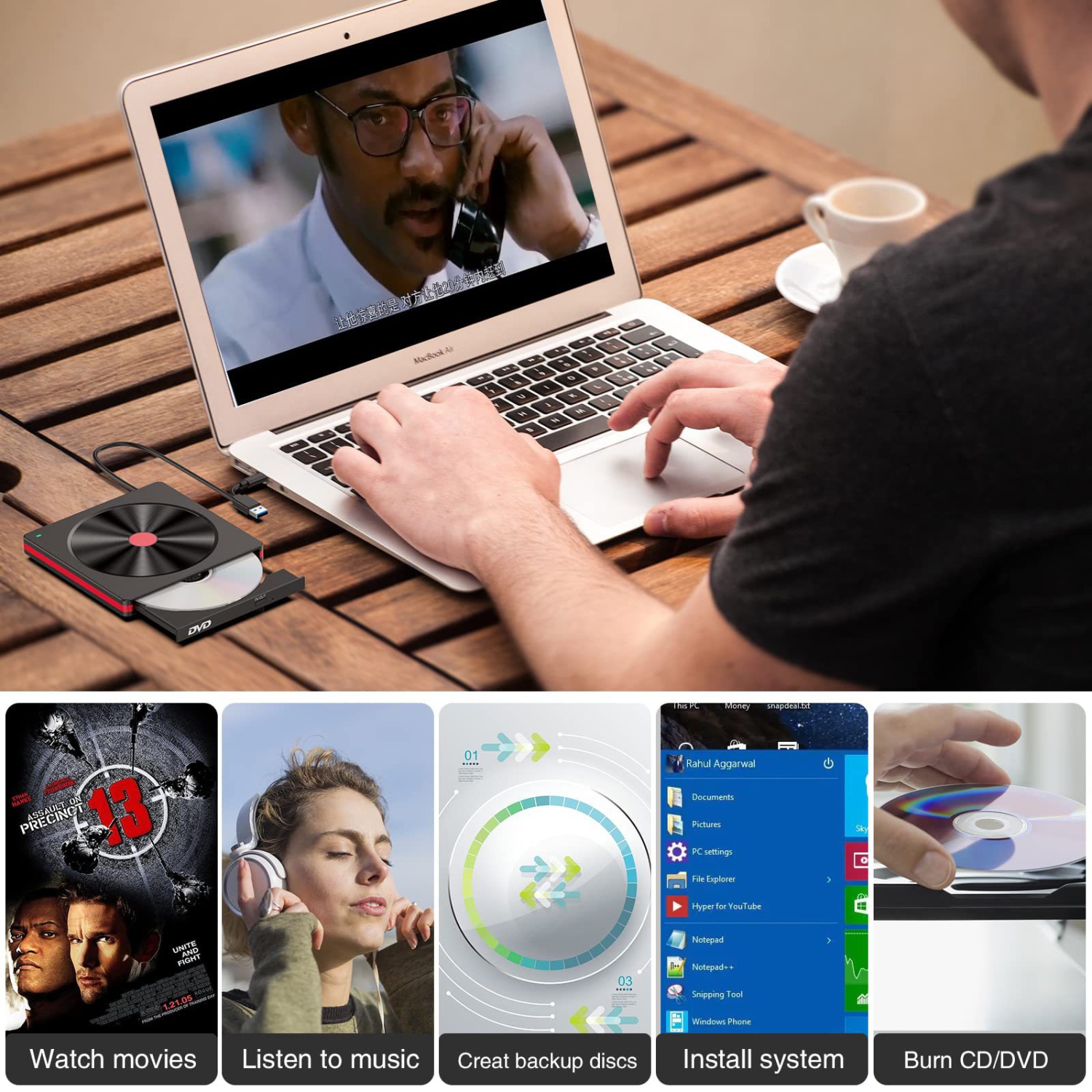 Lecteur CD/DVD externe pour ordinateur portatif USB 3,0 Graveur CD DVD externe DVD Lecteur CD Lecteur DVD