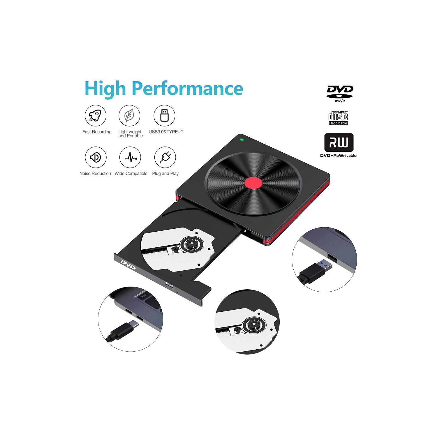 Lecteur CD/DVD externe pour ordinateur portatif USB 3,0 Graveur CD DVD externe DVD Lecteur CD Lecteur DVD