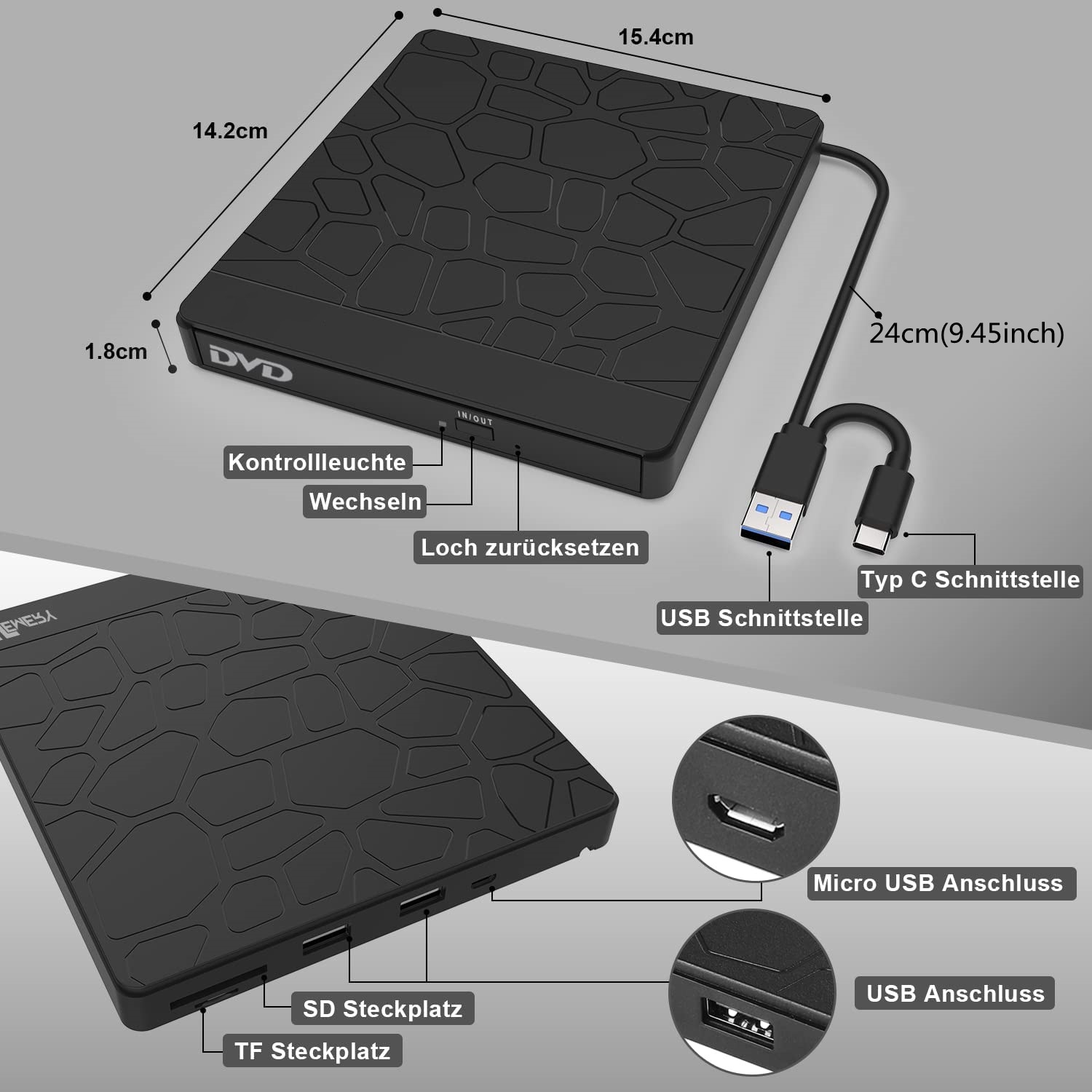 External Optical Drive DVD Burner Computer DVD Docking Station HUD Drive Dual Interface Type-C
