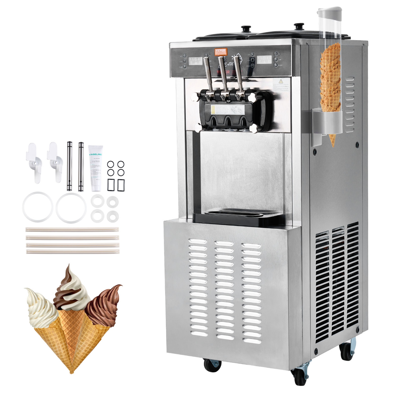 Machine à crème glacée commerciale VEVOR 3400&nbsp;W, rendement de 34 44&nbsp;L/H, sorbetière autonome à 3 saveurs, 2 trémie en acier inoxydable