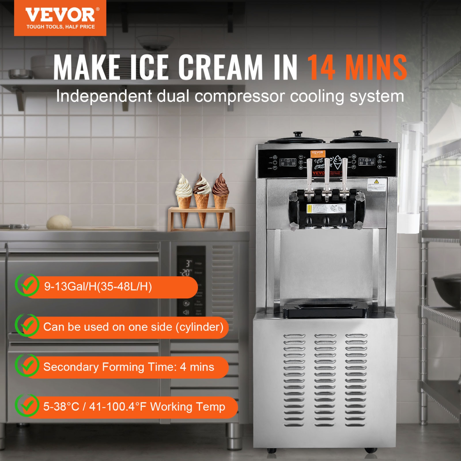 Machine à crème glacée commerciale VEVOR 3400&nbsp;W, rendement de 34 44&nbsp;L/H, sorbetière autonome à 3 saveurs, 2 trémie en acier inoxydable