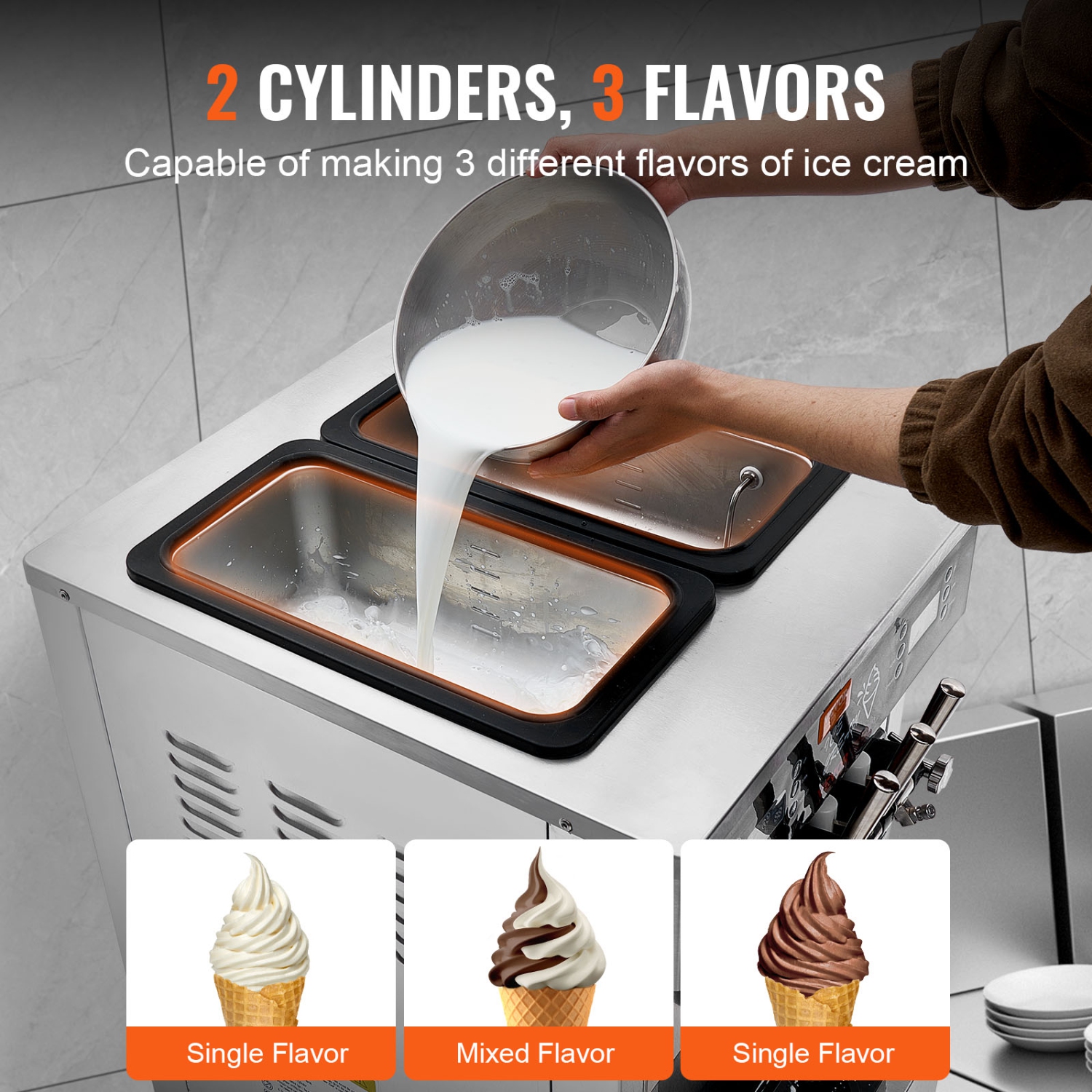 Machine à crème glacée commerciale VEVOR 3400&nbsp;W, rendement de 34 44&nbsp;L/H, sorbetière autonome à 3 saveurs, 2 trémie en acier inoxydable