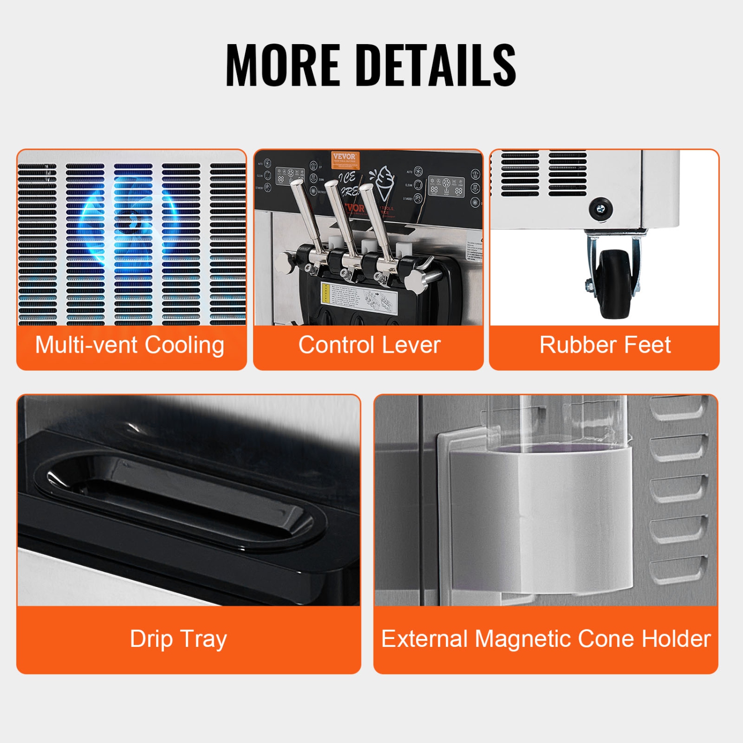 Machine à crème glacée commerciale VEVOR 3400&nbsp;W, rendement de 34 44&nbsp;L/H, sorbetière autonome à 3 saveurs, 2 trémie en acier inoxydable