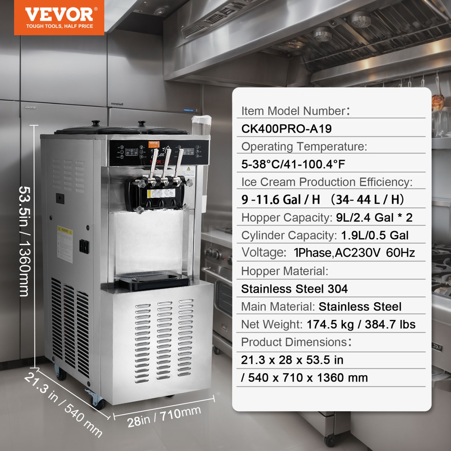 Machine à crème glacée commerciale VEVOR 3400&nbsp;W, rendement de 34 44&nbsp;L/H, sorbetière autonome à 3 saveurs, 2 trémie en acier inoxydable