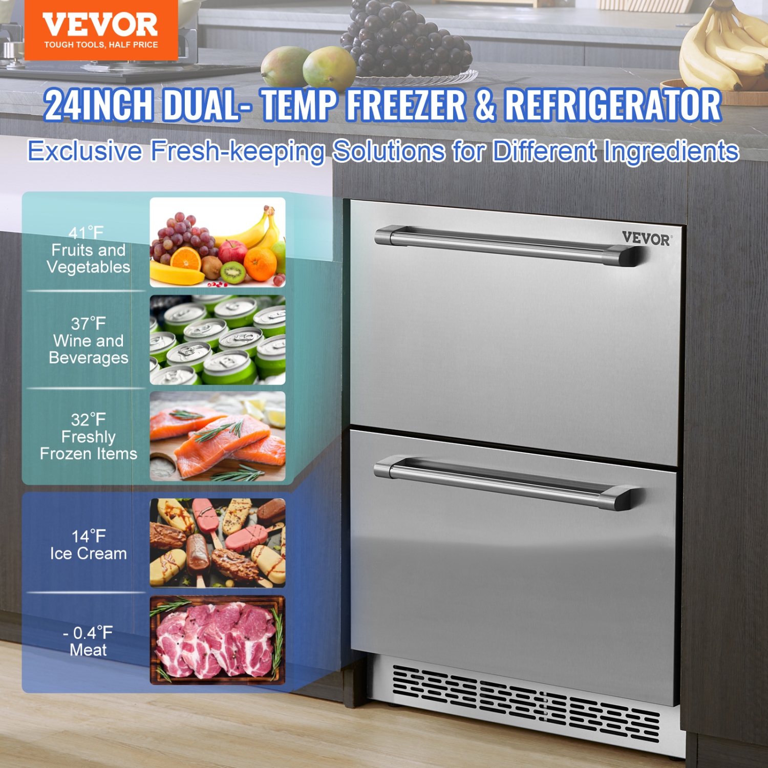 VEVOR 24 inch Undercounter Refrigerator, 2 Drawer Refrigerator with Different Temperature, 4.87 Cu.ft. Capacity, Waterproof Indoor and Outdoor Under