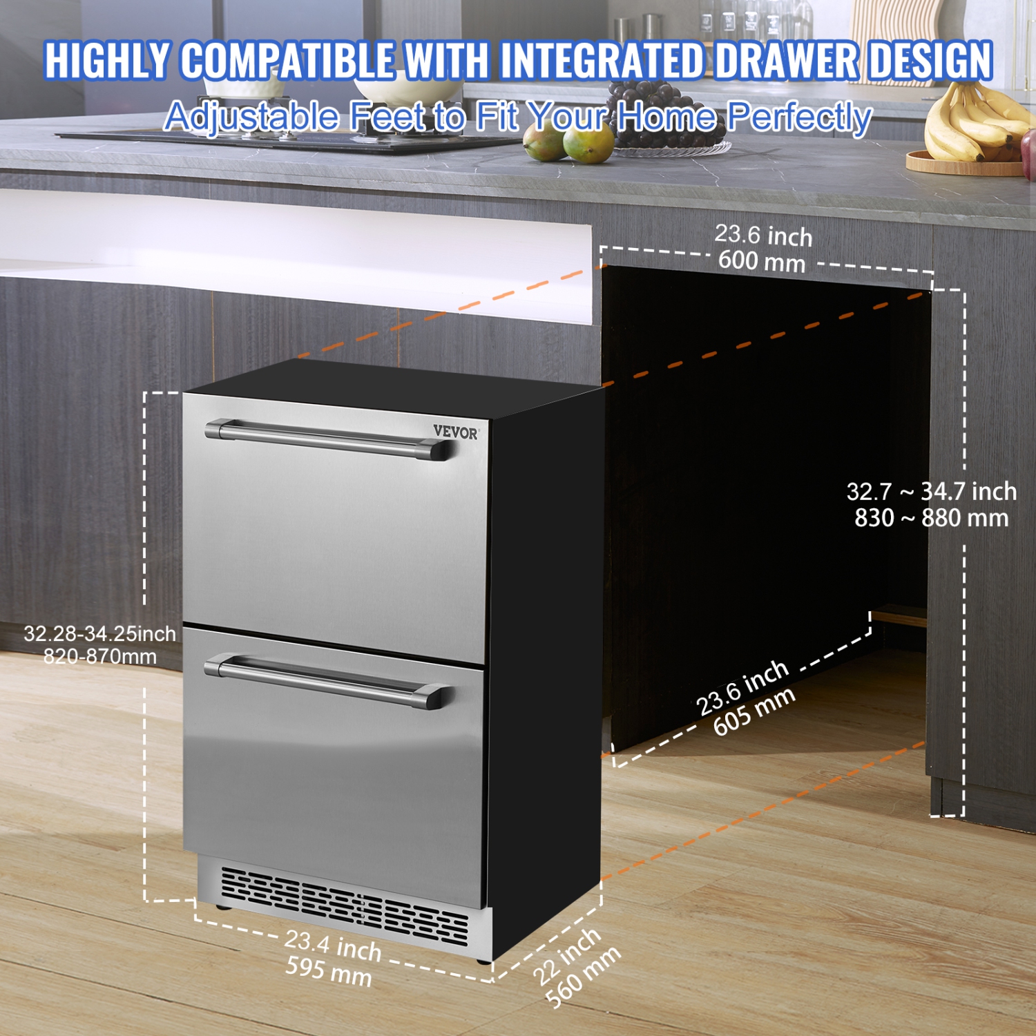 VEVOR 24 inch Undercounter Refrigerator, 2 Drawer Refrigerator with Different Temperature, 4.87 Cu.ft. Capacity, Waterproof Indoor and Outdoor Under