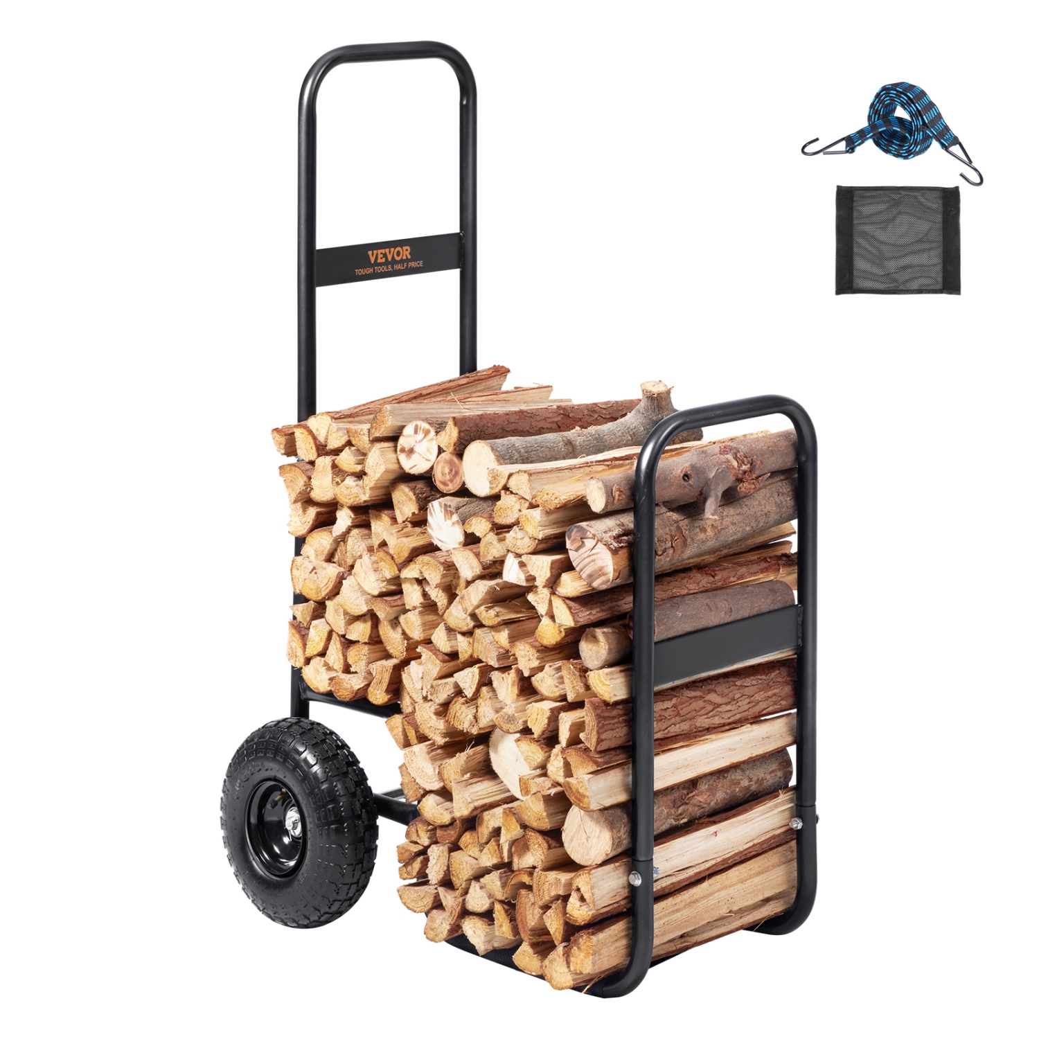 VEVOR 250 lbs Firewood Log Cart, Load Capacity, Outdoor and Indoor Wood Rack Storage Mover with Pneumatic Rubber Wheels, Heavy Duty Steel Dolly