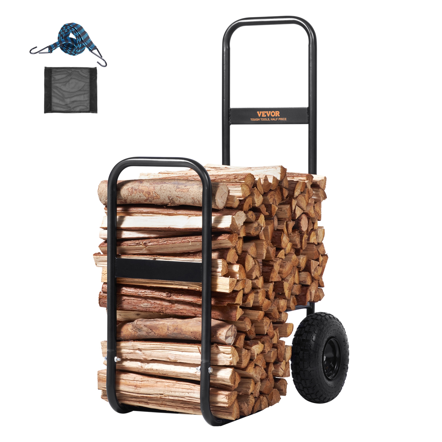 VEVOR 250 lbs Firewood Log Cart, Load Capacity, Outdoor and Indoor Wood Rack Storage Mover with Pneumatic Rubber Wheels, Heavy Duty Steel Dolly
