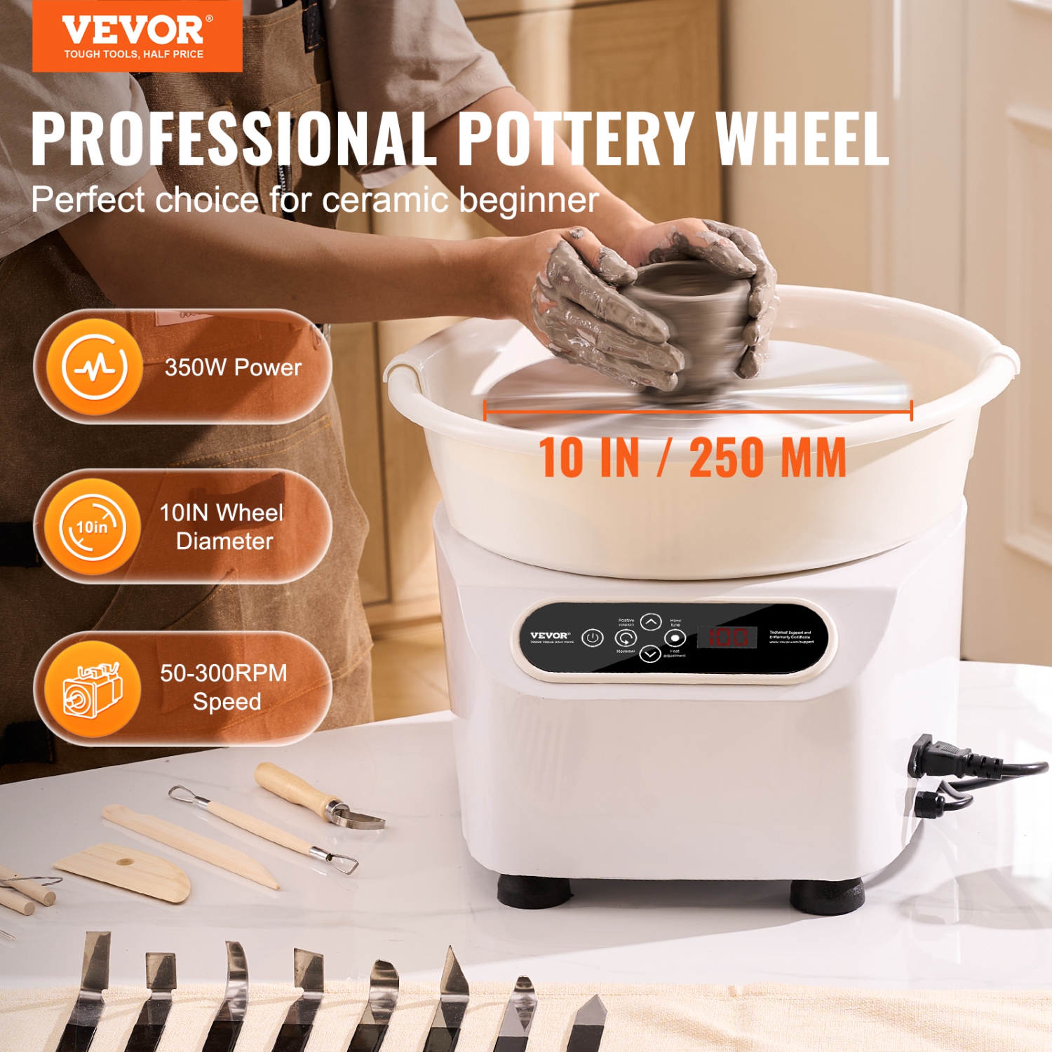 VEVOR 10 inch Pottery Wheel, Direct Drive Ceramic Wheel with Shaping Tools, Pottery Forming Machine, 350W Electric Wheel for Pottery with Foot Pedal