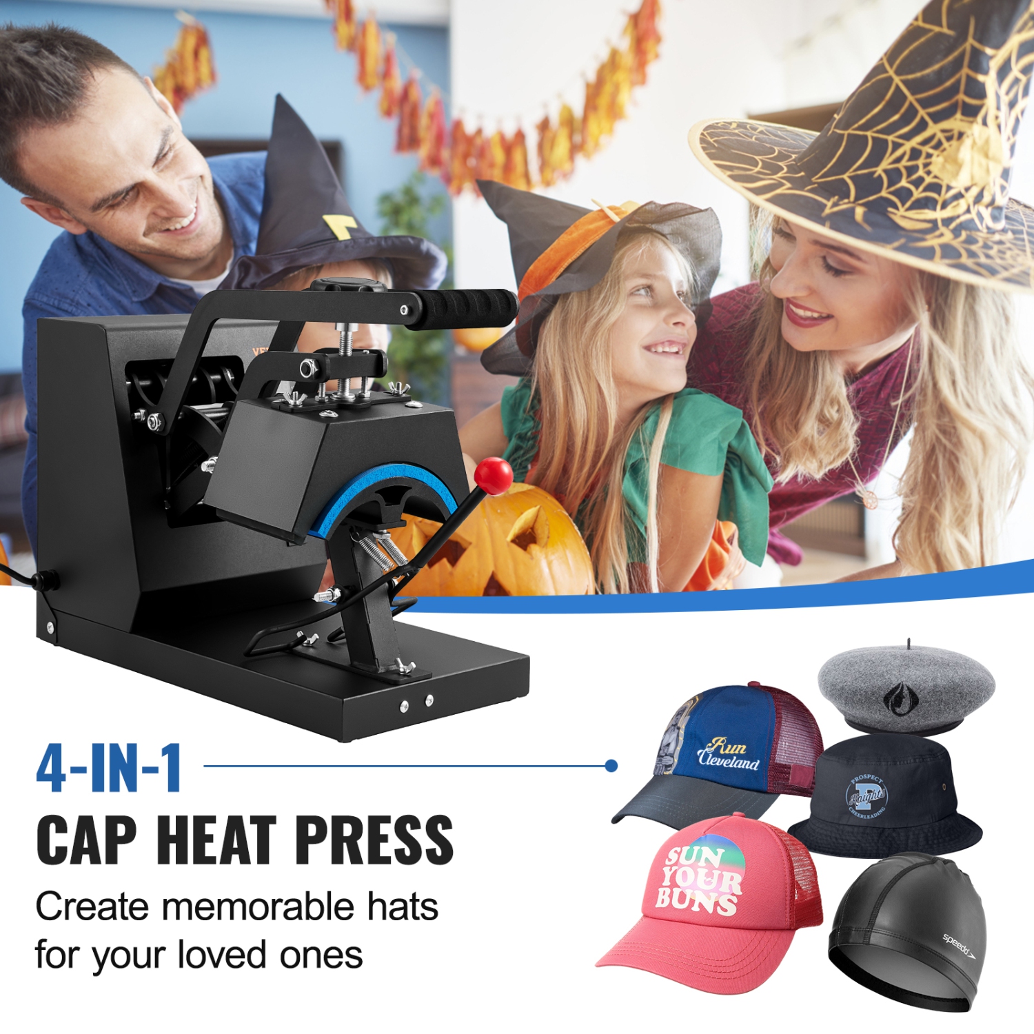 VEVOR 4-in-1 Cap Heat Press Machine, 6 x 3in Clamshell Sublimation Transfer, LCD Digital Timer Temperature Control with 4pcs Curved Heating Elements