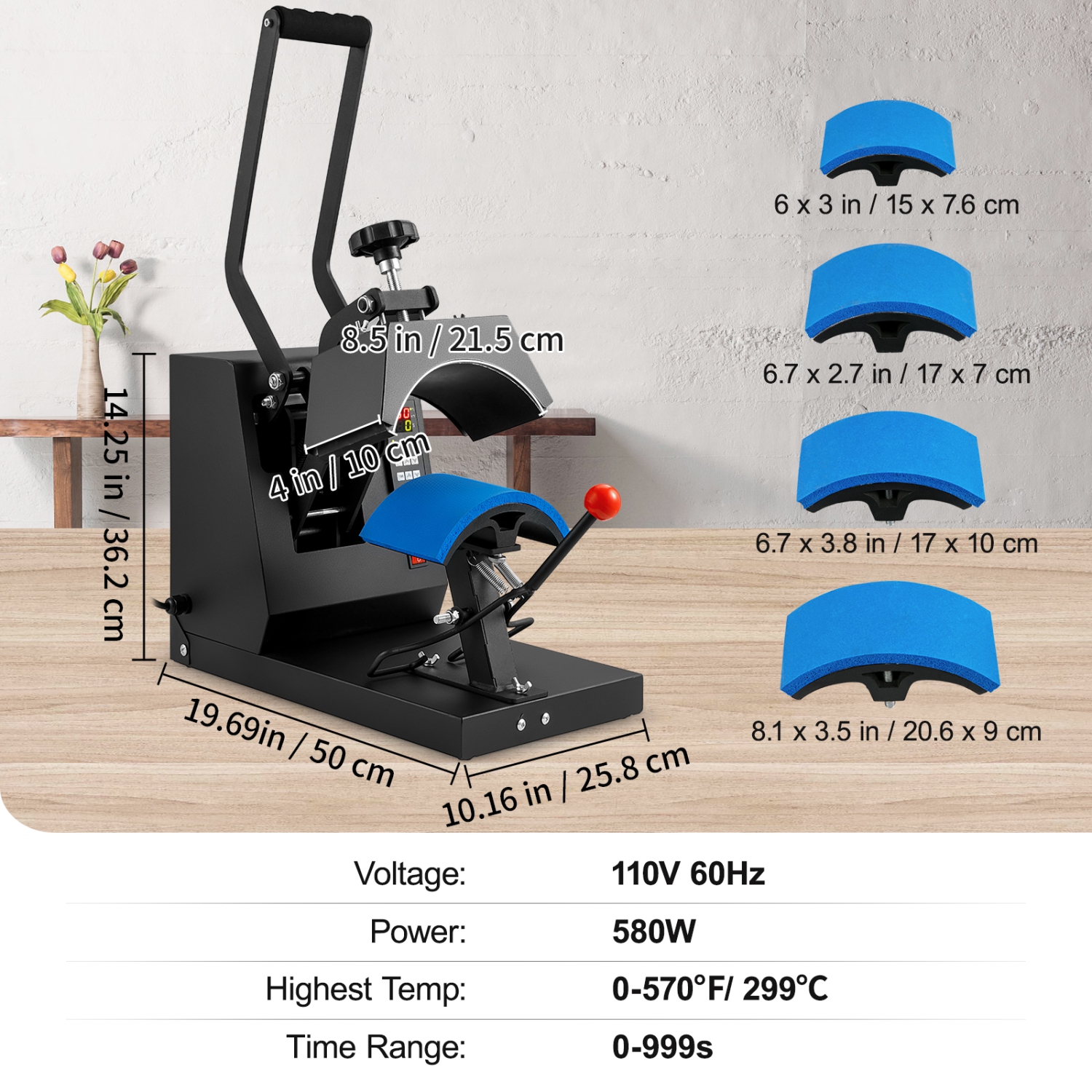 VEVOR 4-in-1 Cap Heat Press Machine, 6 x 3in Clamshell Sublimation Transfer, LCD Digital Timer Temperature Control with 4pcs Curved Heating Elements