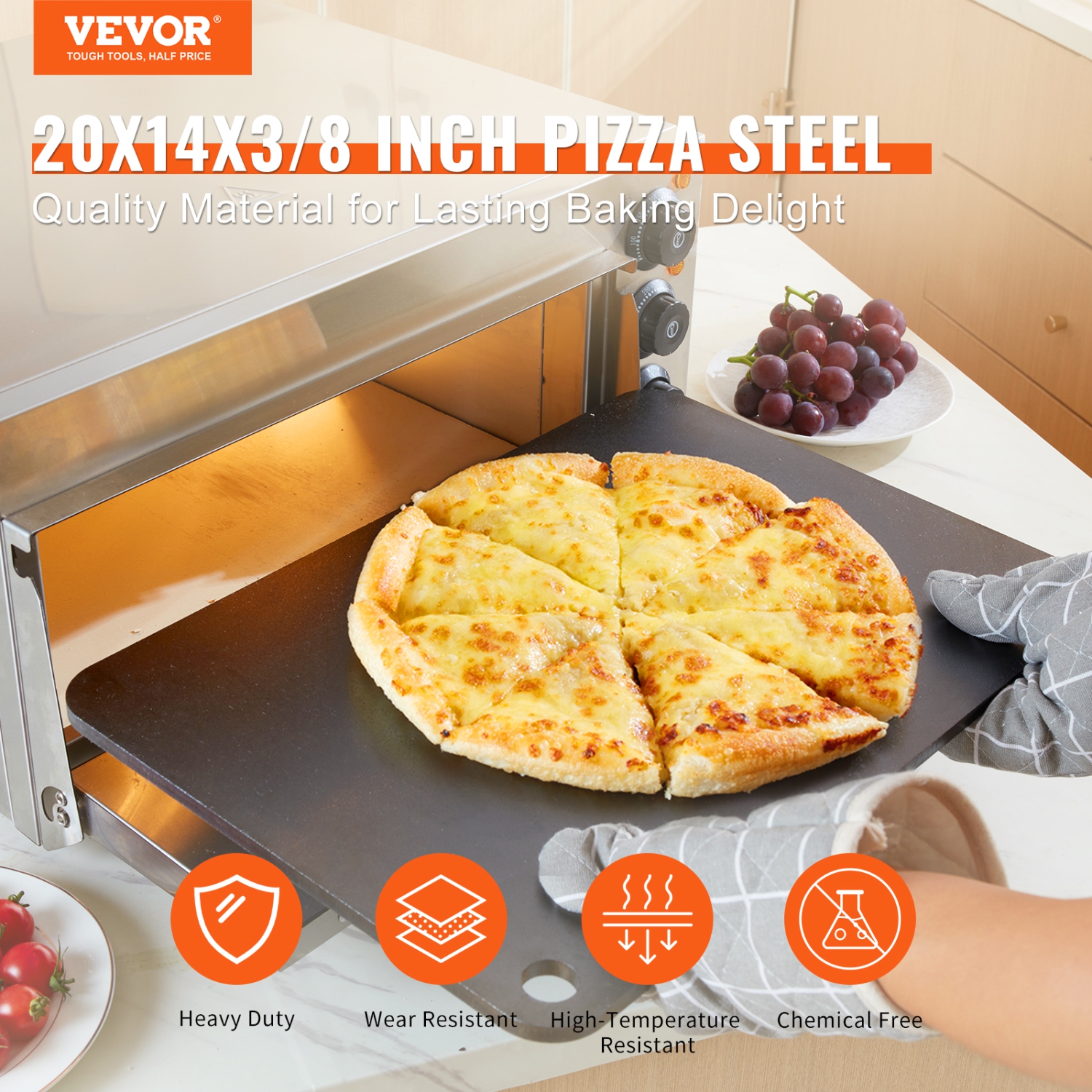 VEVOR 20" x 14" x 3/8" Pizza Steel, Pizza Steel Plate for Oven, Pre-Seasoned Carbon Steel Pizza Baking Stone with 20X Higher Conductivity, Heavy Duty