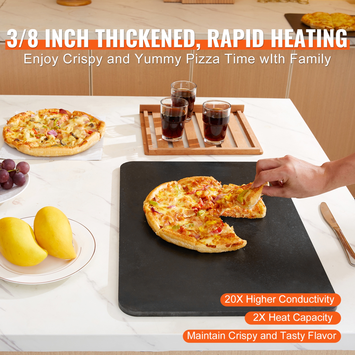 VEVOR 20" x 14" x 3/8" Pizza Steel, Pizza Steel Plate for Oven, Pre-Seasoned Carbon Steel Pizza Baking Stone with 20X Higher Conductivity, Heavy Duty