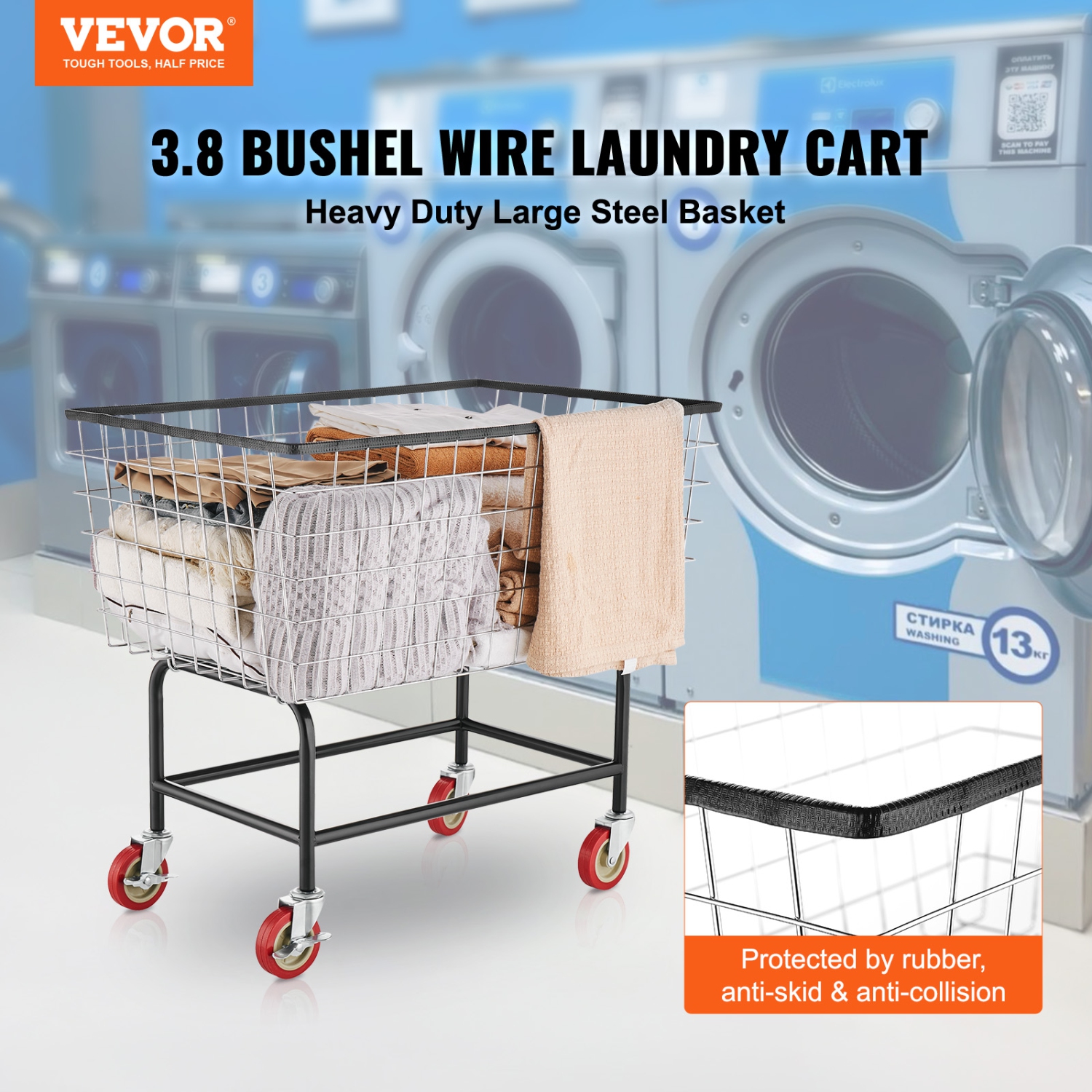 VEVOR 35''x15.7''x22'' Wire Laundry Cart, 4.5 Bushel Wire Laundry Basket with Wheels, Commercial Wire Laundry Basket Cart, Steel Frame with Chrome