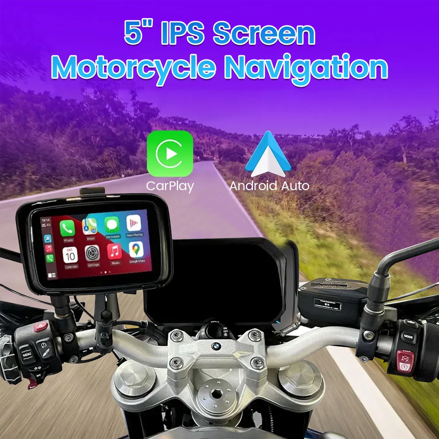 Navigateur pour moto de 5&nbsp;po, écran Apple CarPlay pour moto, moniteur d'auto Android portatif sans fil étanche