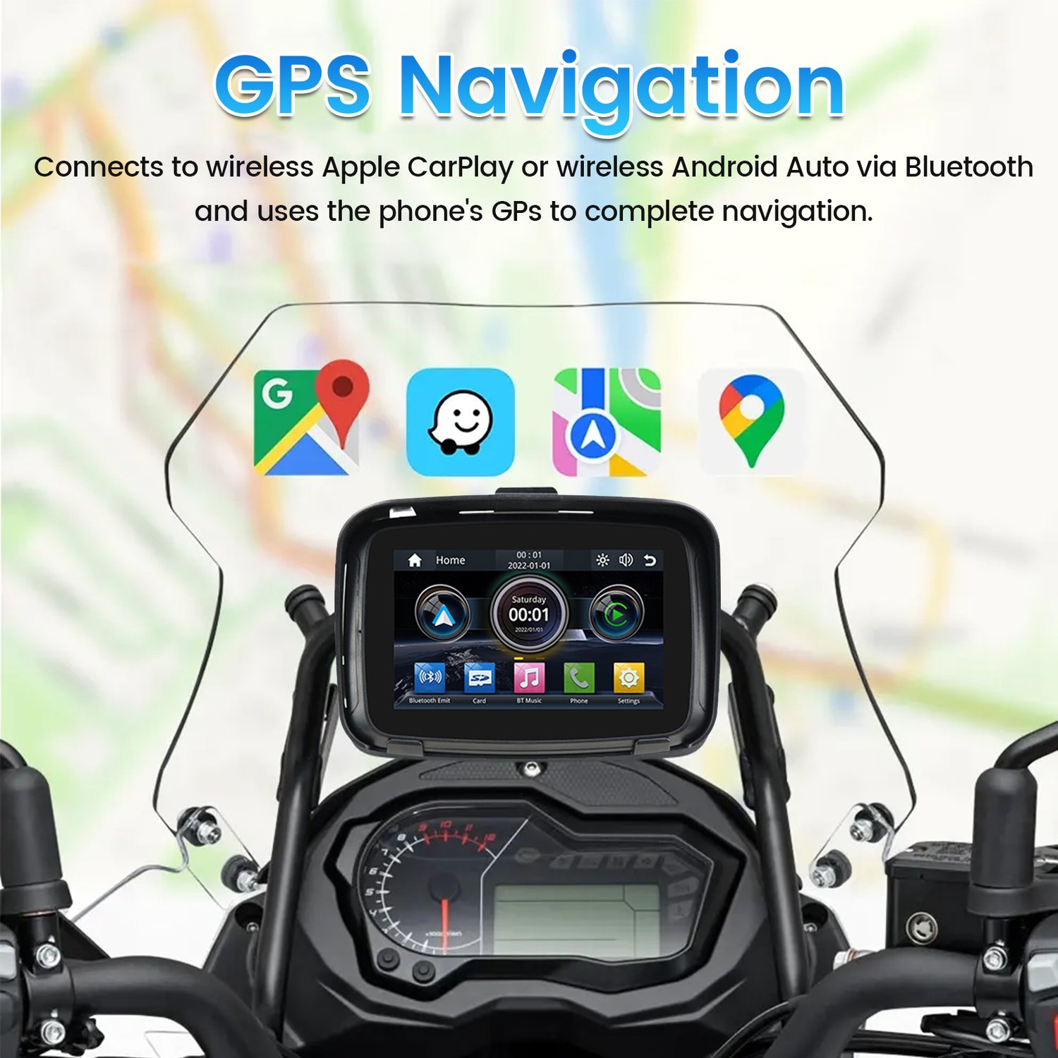 Navigateur pour moto de 5&nbsp;po, écran Apple CarPlay pour moto, moniteur d'auto Android portatif sans fil étanche