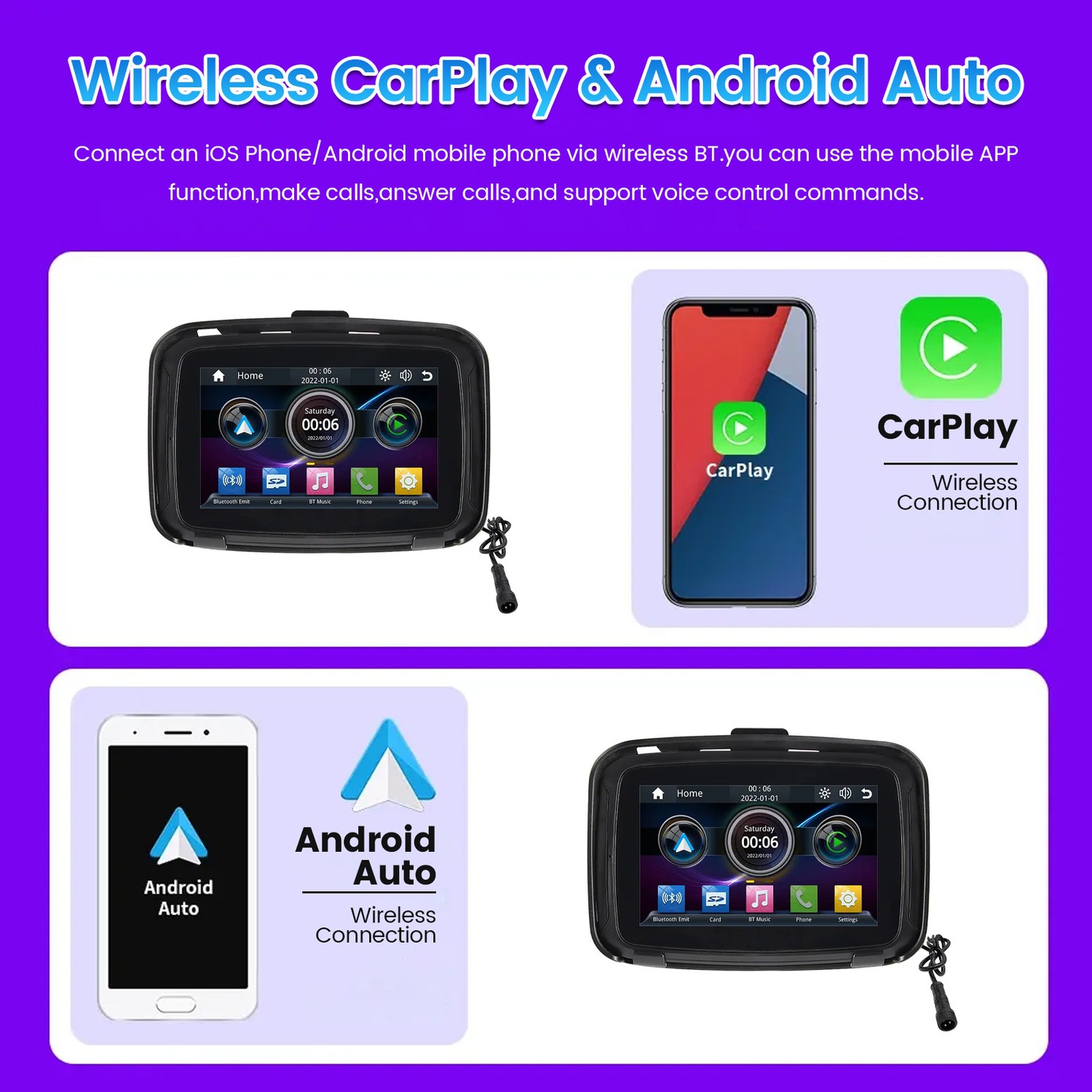 Navigateur pour moto de 5&nbsp;po, écran Apple CarPlay pour moto, moniteur d'auto Android portatif sans fil étanche