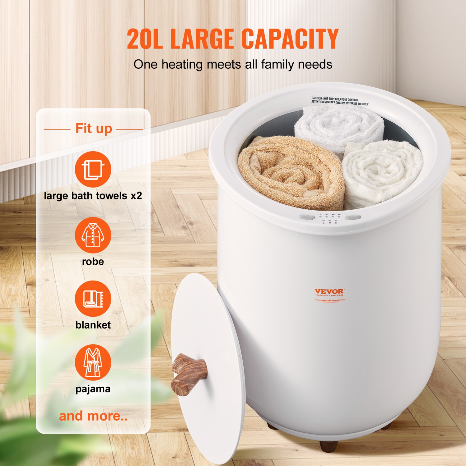 VEVOR 20L Towel Warmer Bucket, Large Towel Warmer for Bathroom, Auto Shut Off Towel Heater with 4-Level Timer Fits up to Two 40"x70" Oversized