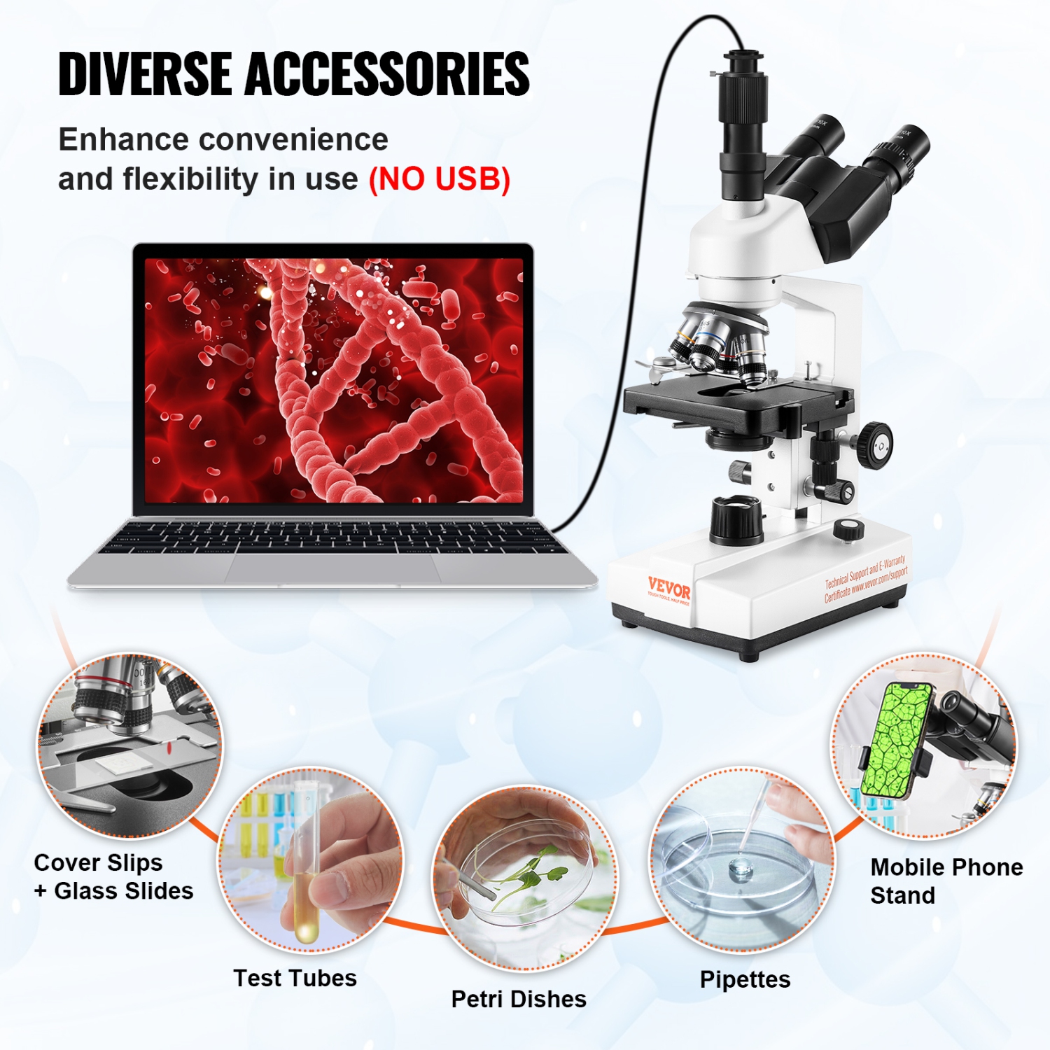 VEVOR 40X-5000X Compound Trinocular Microscope, Trinocular Compound Lab Microscope with Two-Layer Mechanical Stage, External Interface, LED