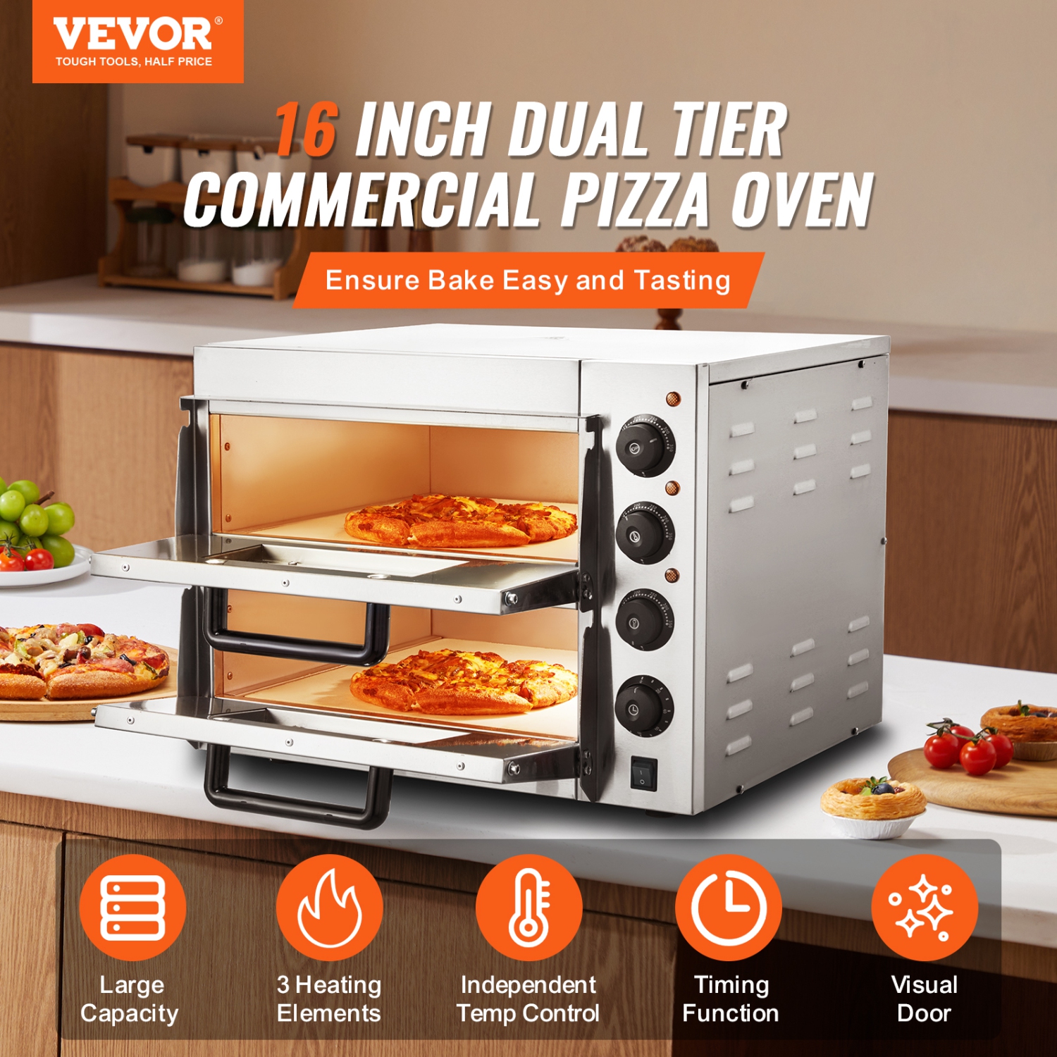 VEVOR Commercial Pizza Oven Countertop, 16" Double Deck Layer, Stainless Steel Electric Pizza Oven with Stone and Handle, Multipurpose Indoor Pizza