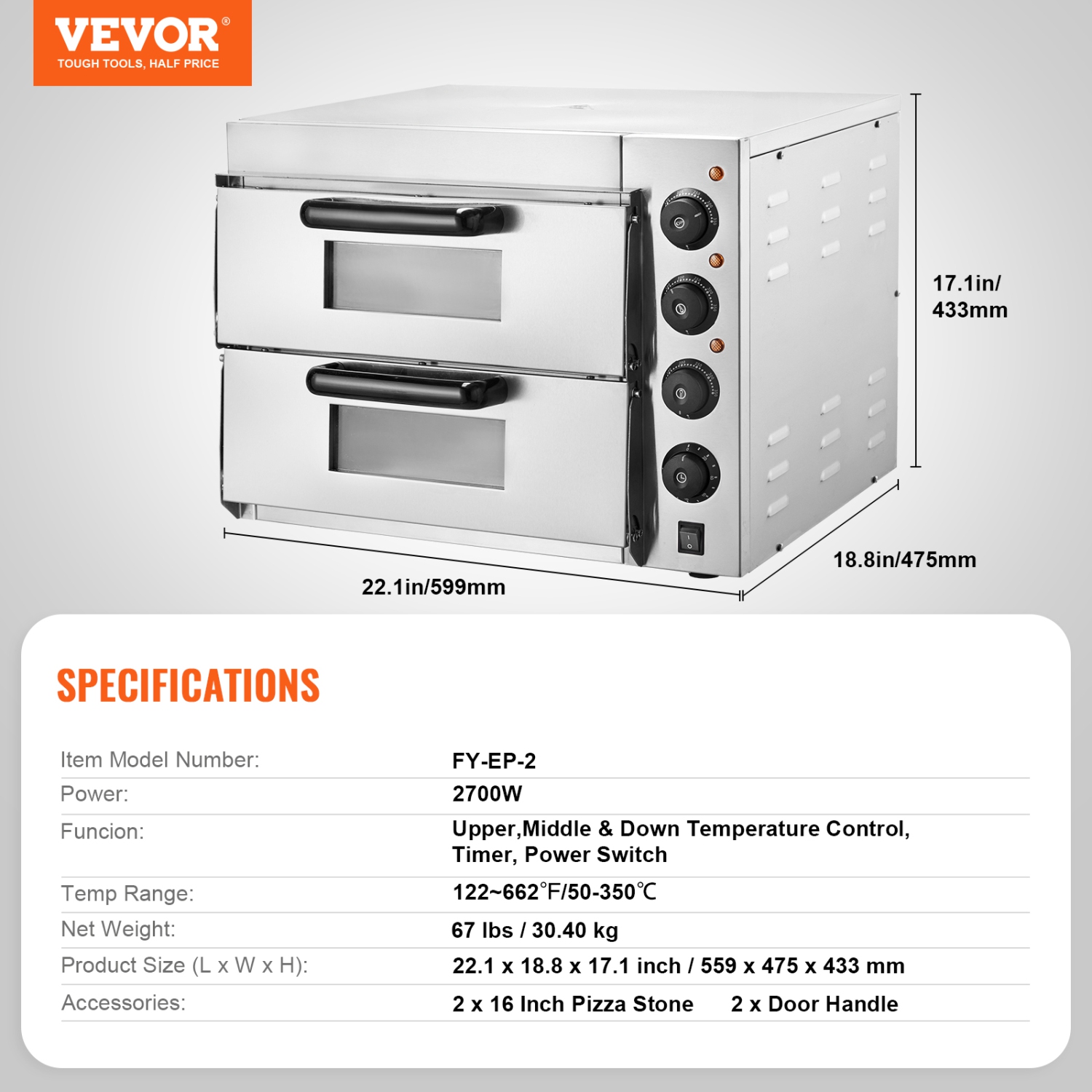 VEVOR Commercial Pizza Oven Countertop, 16" Double Deck Layer, Stainless Steel Electric Pizza Oven with Stone and Handle, Multipurpose Indoor Pizza