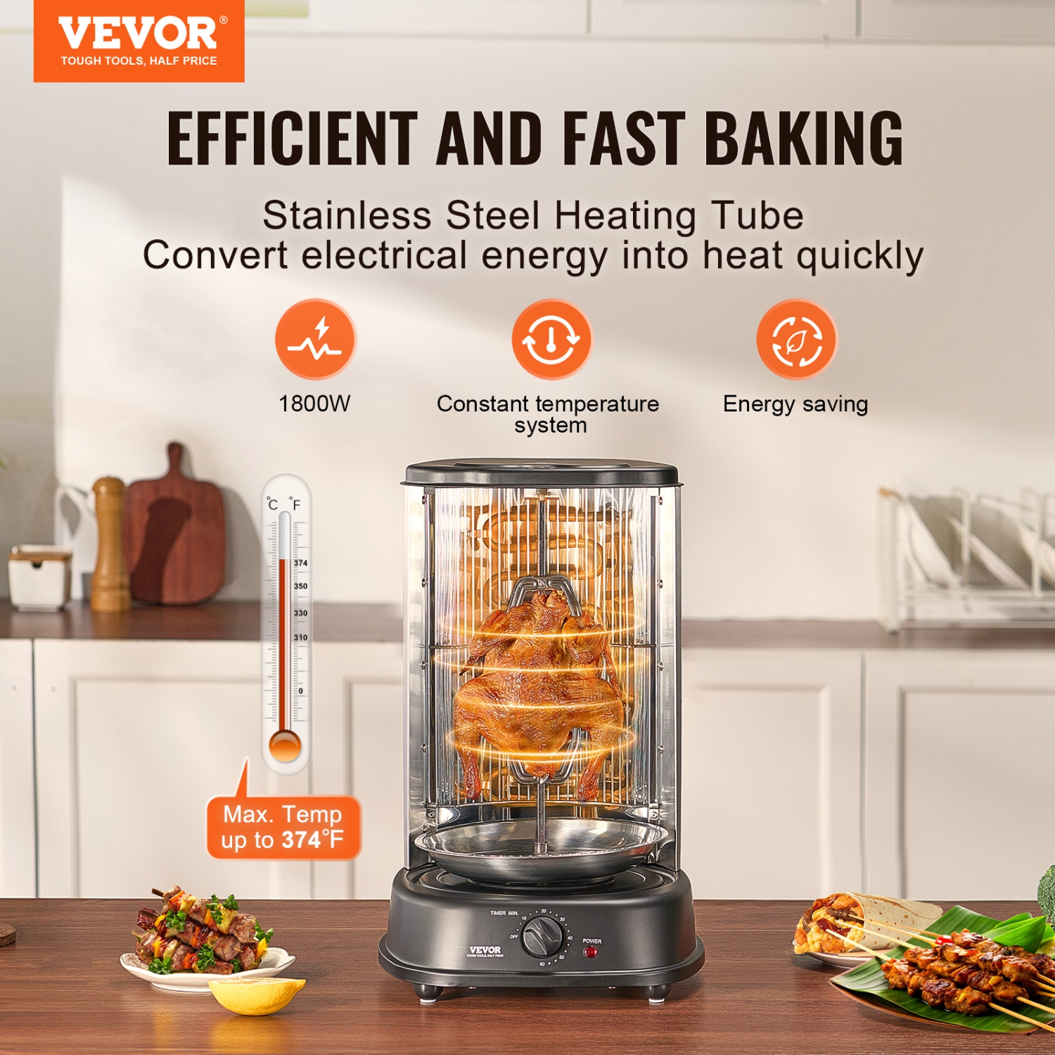 VEVOR Shawarma Grill Machine, Vertical Chicken Shawarma Cooker Machine Countertop, Electric Stainless Steel Broiler Gyro Rotisserie Oven Doner Kebab