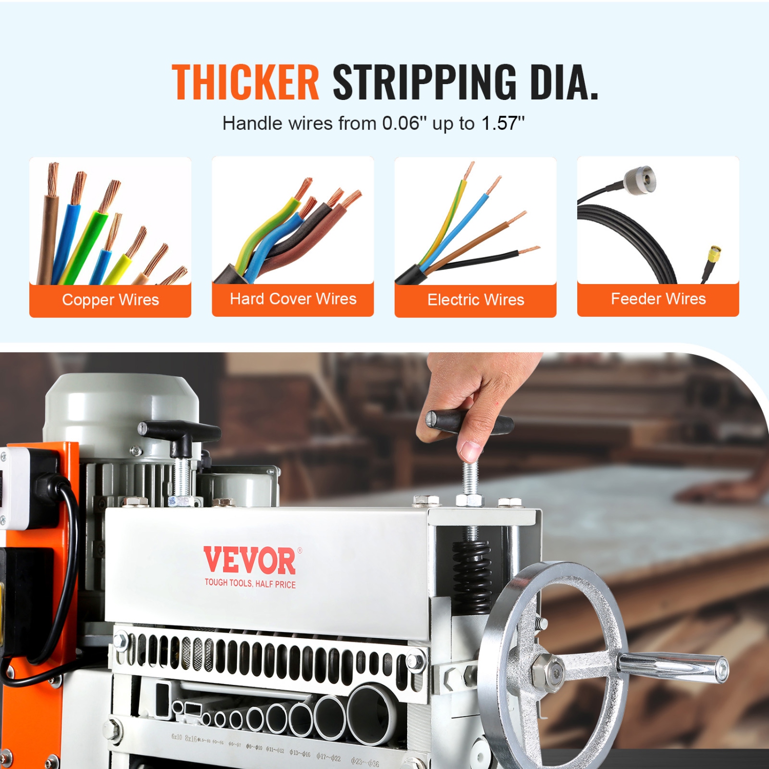 VEVOR 0.06''-1.57'' Automatic Wire Stripping Machine, Electric Motorized Cable Stripper, 370 W, 88 ft/min Wire Peeler with An Extra Manual Crank, 11
