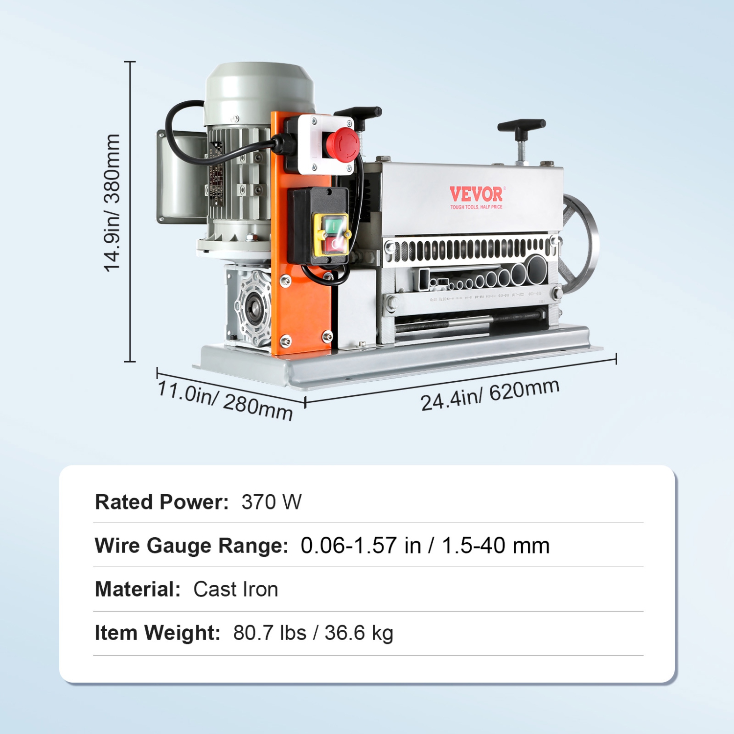VEVOR 0.06''-1.57'' Automatic Wire Stripping Machine, Electric Motorized Cable Stripper, 370 W, 88 ft/min Wire Peeler with An Extra Manual Crank, 11