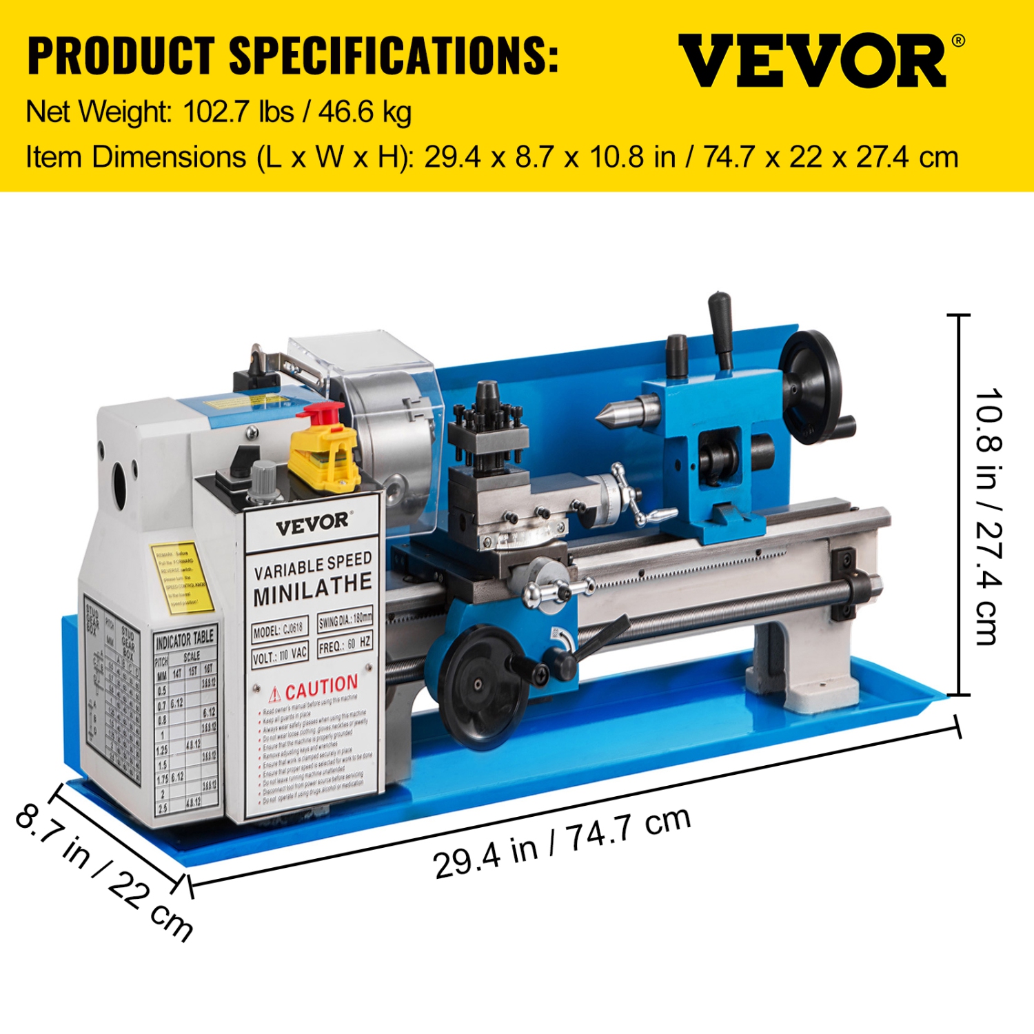 VEVOR 7'' x 14'' Metal Lathe , Mini Metal Lathe 0-2500 RPM Variable Speed,Mini Lathe with 4" 3-jaw Chuck,Bench Top Metal Lathe, Benchtop Lathe, for