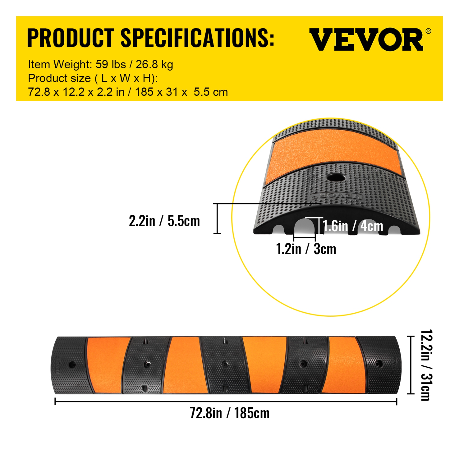 VEVOR 72" Length Rubber Traffic Calming Device,Single Unit with Dual Channels,Modular Design Supports 22000 LBS,Dimensions 72.8 x 12.2 x 2.2, for