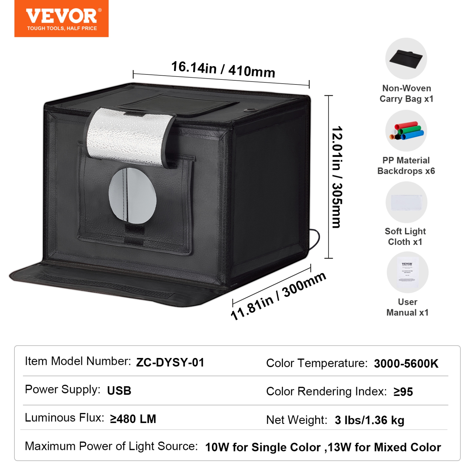 VEVOR 12" x 12" Photo Studio Light Box, 3000-5600K Adjustable 3 Color Temperatures Professional Shooting Tent Kit with 120 LED 6 Backdrops Soft Light