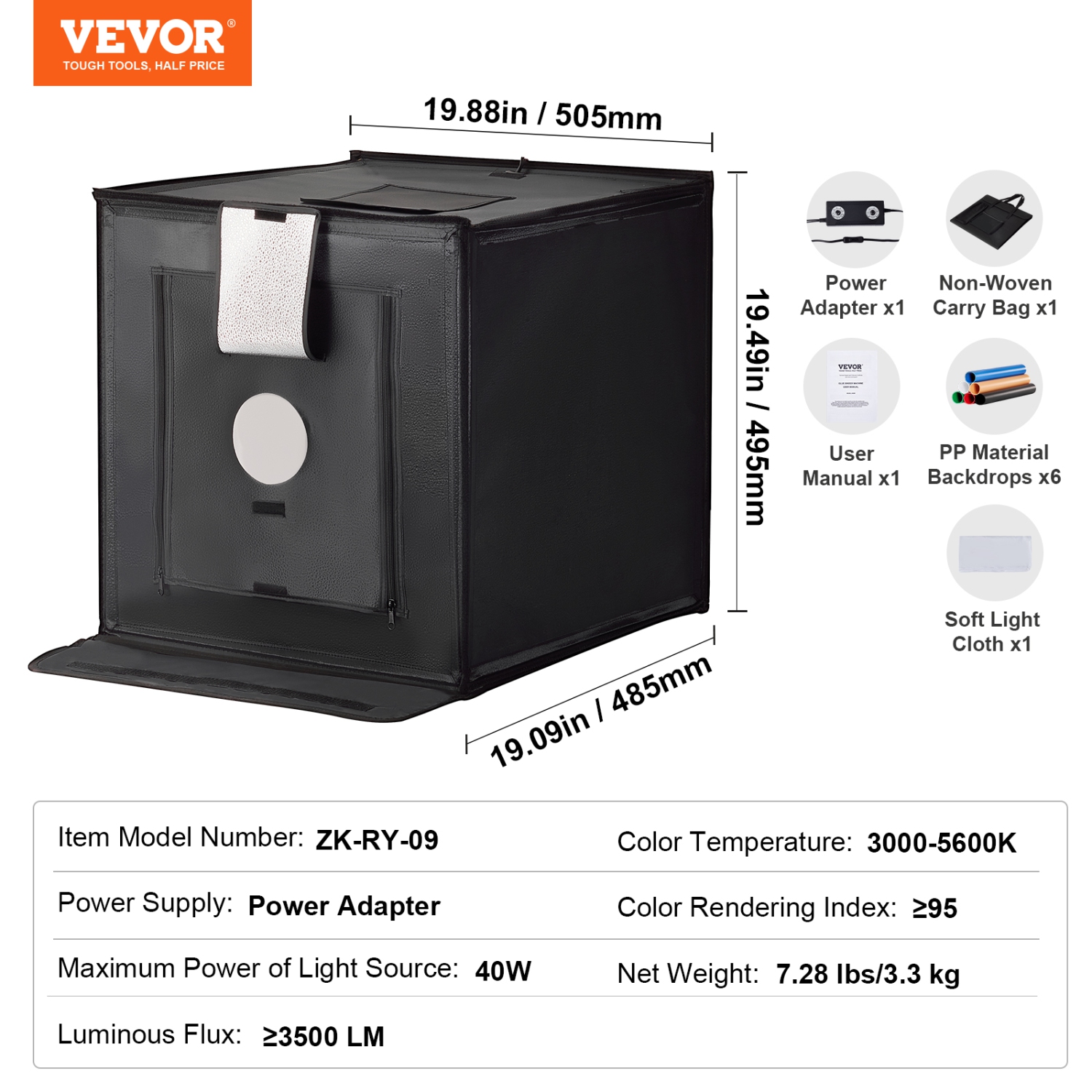 VEVOR 20" x 20" Photo Studio Light Box, 3000-5600K Adjustable 3 Color Temperatures Shooting Tent Kit with 160 LED 6 Backdrops Power Adapter Soft