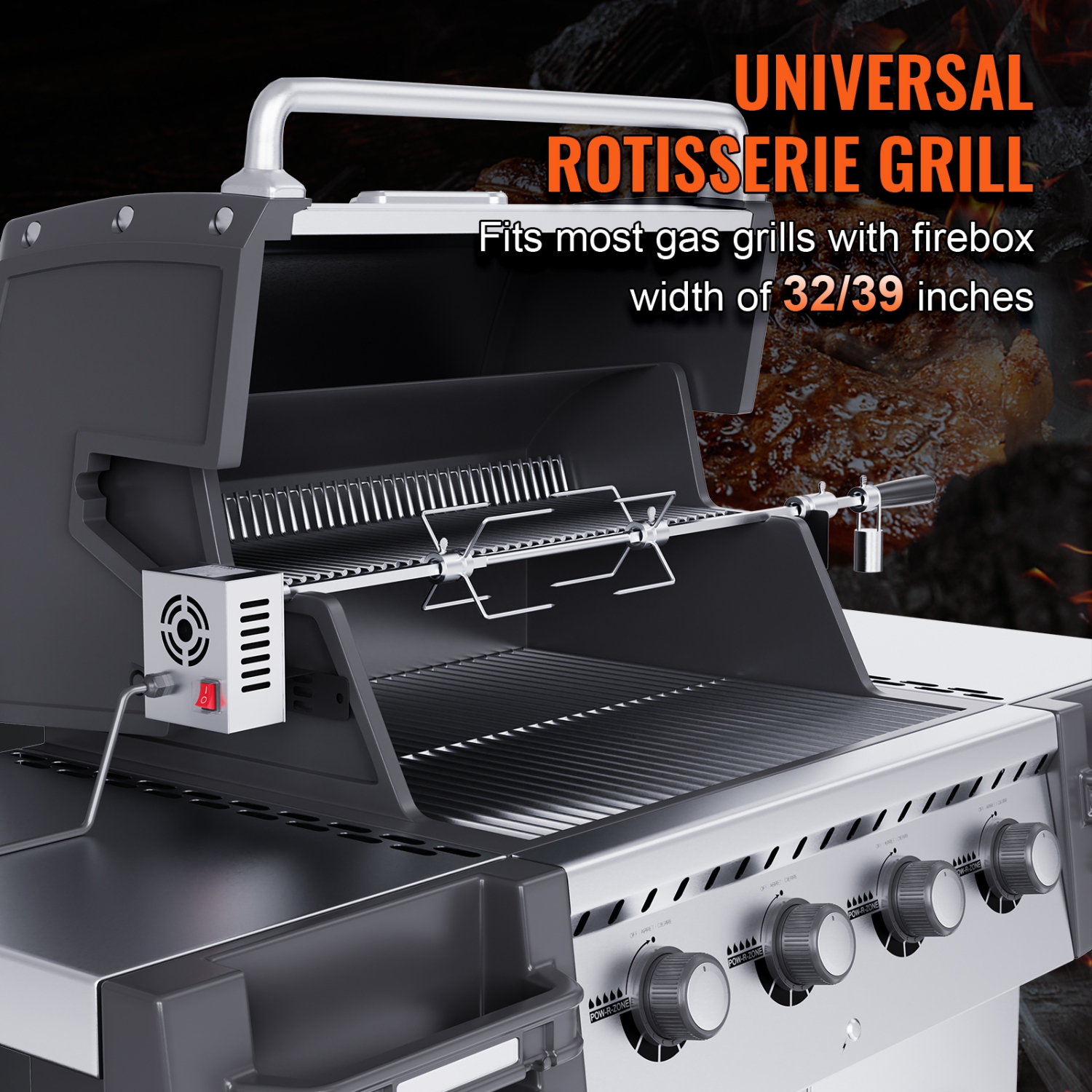 VEVOR Universal Grill Rotisserie Kit, Electric Stainless Steel Automatic BBQ Grill with 110V 9W Motor, Heavy Duty 32"/39" Hexagon Spit Rod, 26 lbs